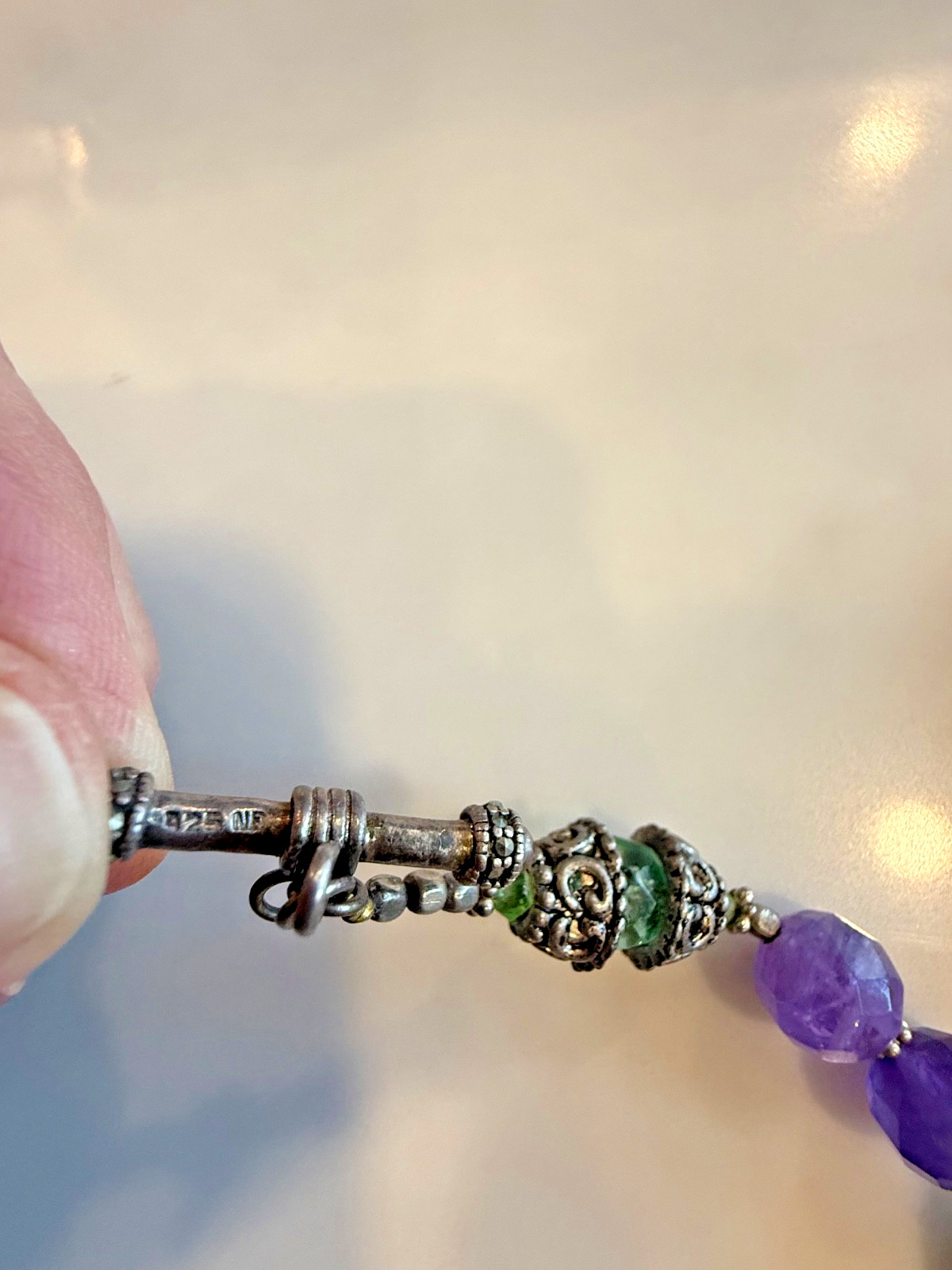 Vintage Sterling Necklace Boho Amethyst and Green Faceted Bead with Drop Crystal