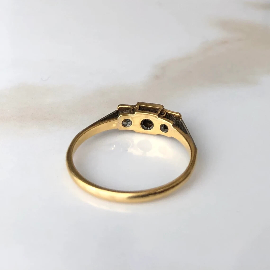 Art Deco Style Lab-Created Diamond 3 Stone Engagement Yellow Gold Finish Ring