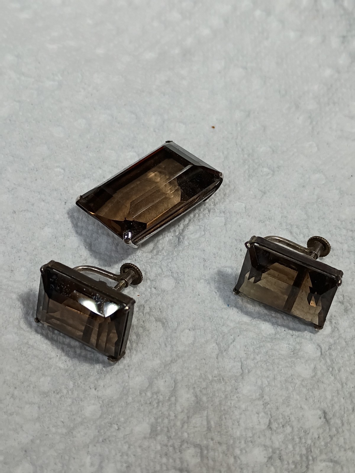 Vintage Emerald Cut Smokey Quartz Pendant And Screw back Earrings Set
