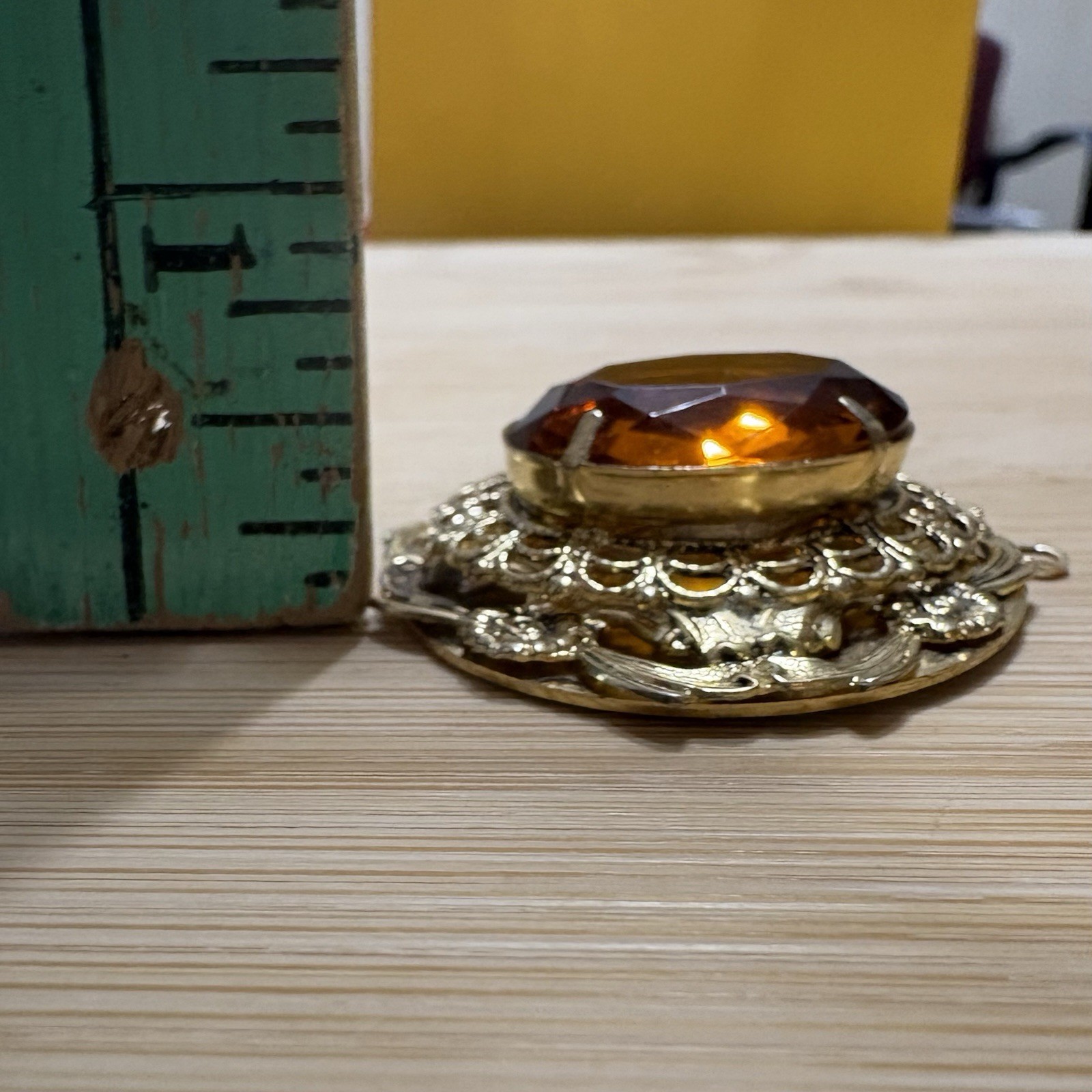 Vintage Victorian Revival Filigree Pendant Honey Amber Glass Gold Tone Ornate