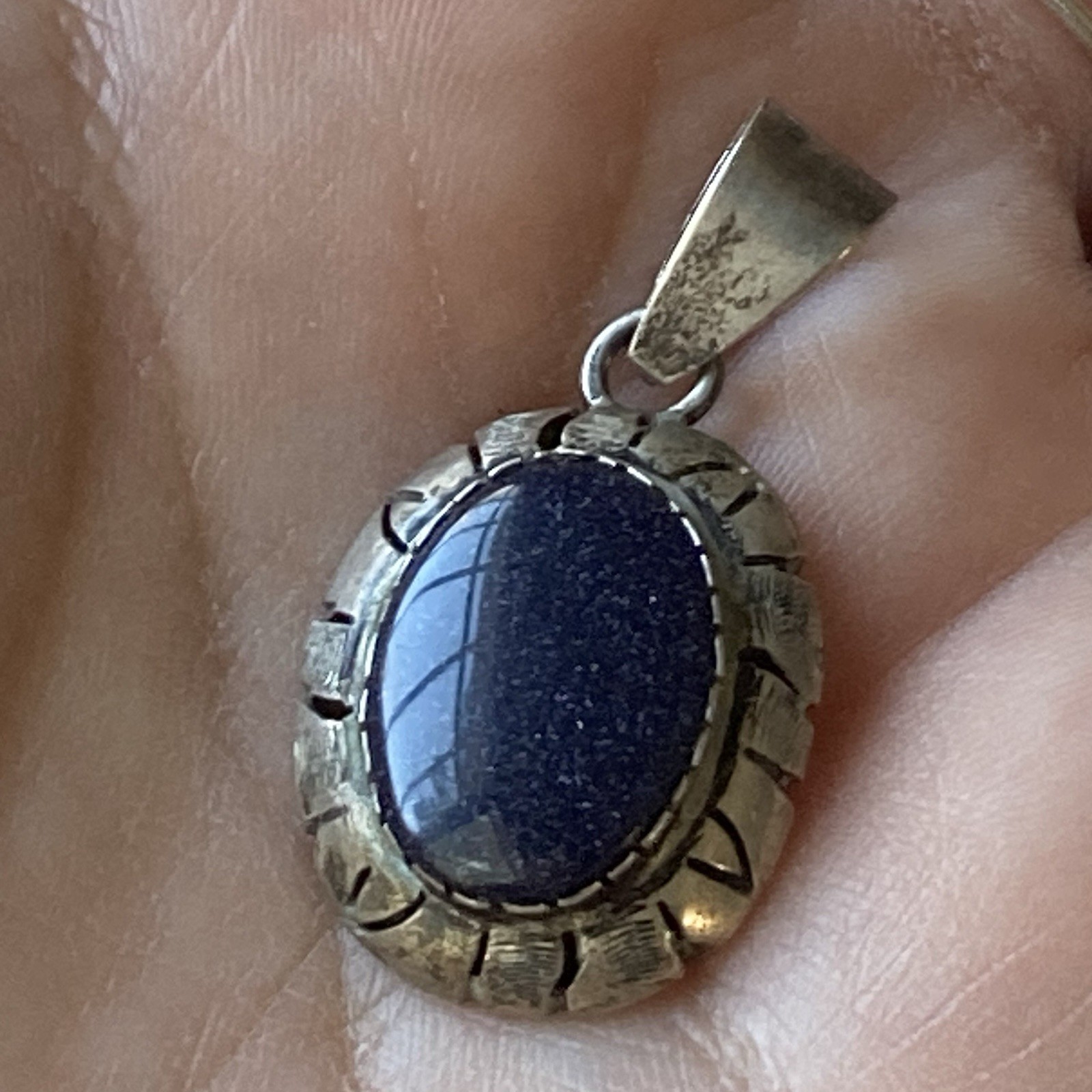 Vintage Sterling Silver 925 Blue Sunstone Pendant Mexico Made Chunky Modernist
