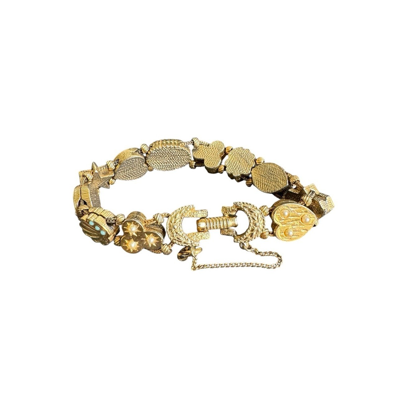 Vintage Victorian Revival Slide Charm Bracelet 60s Sweetheart Lucky Gold Tone