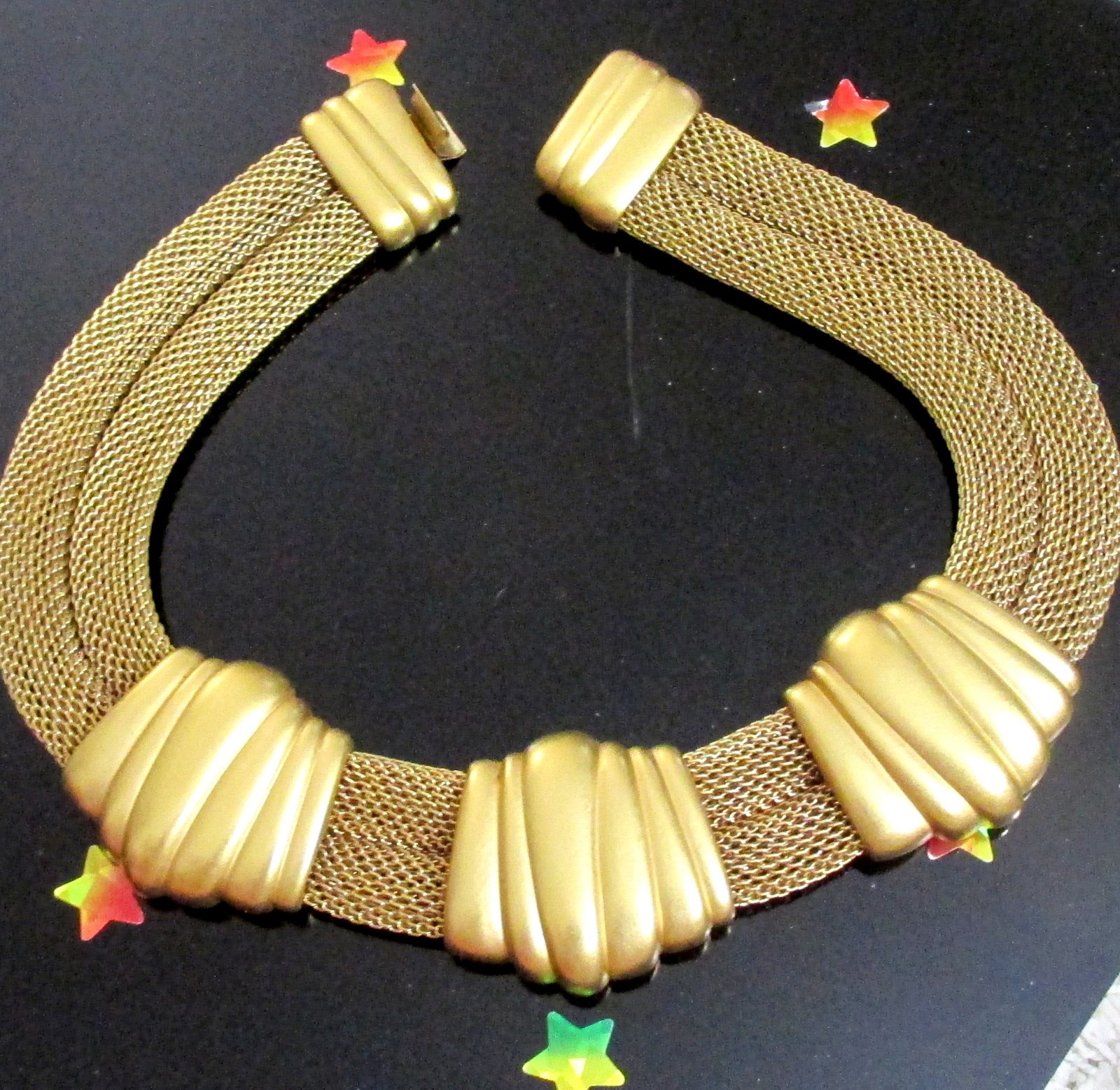 Vtg Runway MONET Double Mesh Chain Satin Gilt Station Modernist Necklace Weighty