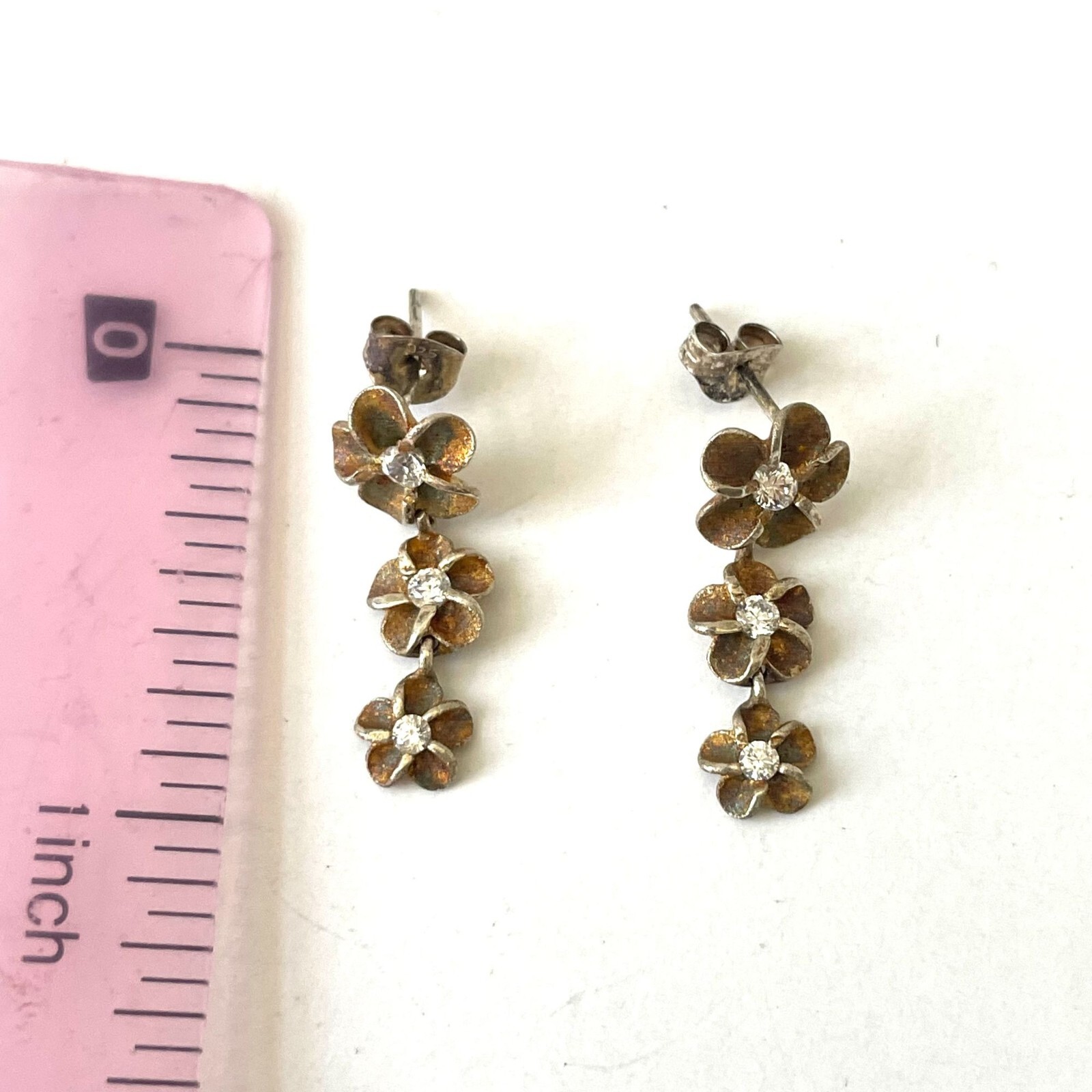 2W 925 Sterling Silver Rhinestone Floral Dangle Earrings Vintage Classic Grandma