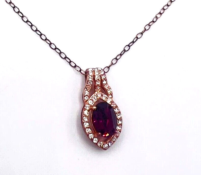 Vintage Rose Gold Tone Sterling Silver Purple Crystal Pendant Necklace