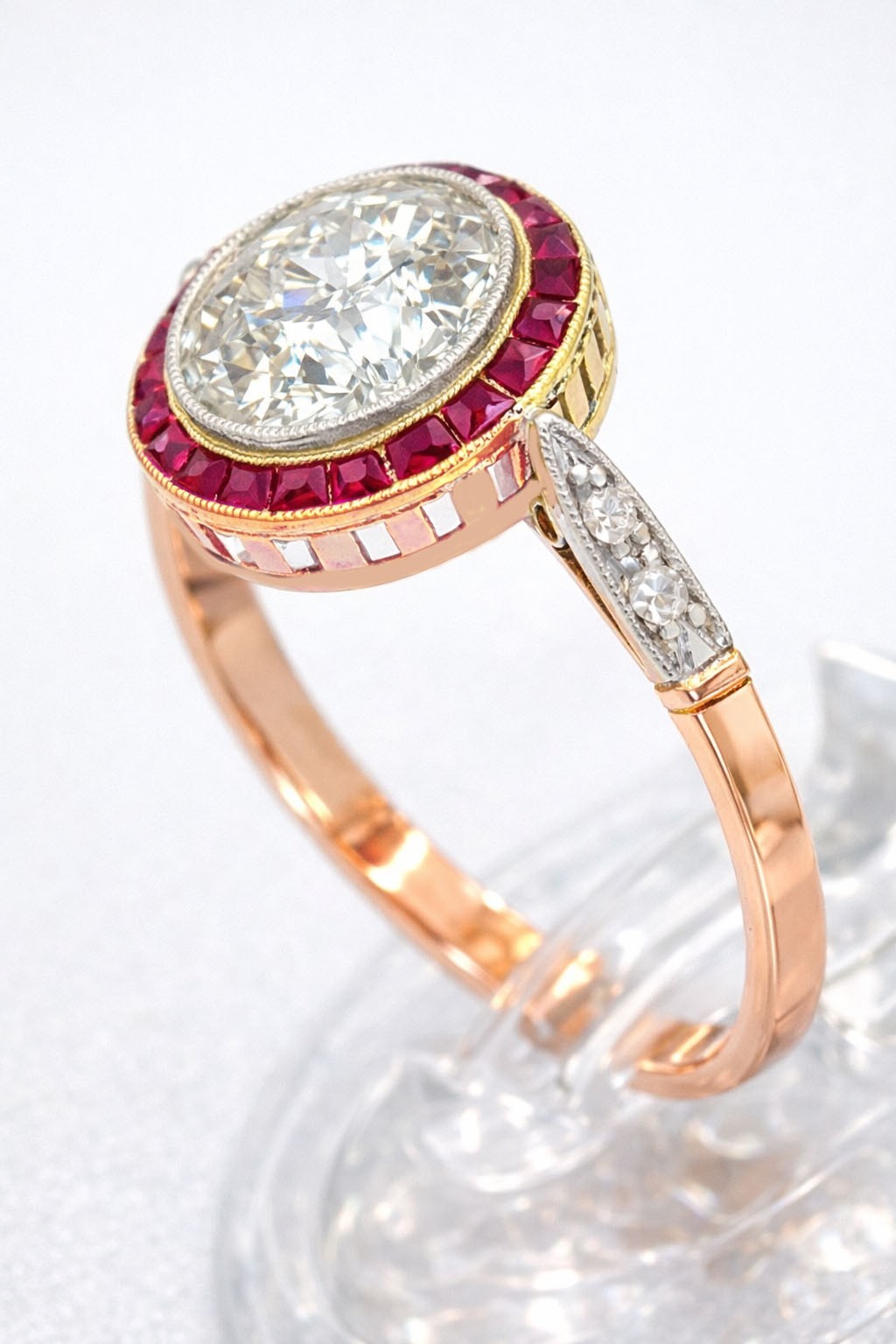 ART DECO GENUINE 1.20 Cts DIAMOND & RUBY ENGAGEMENT RING 18K ROSE SOLID GOLD