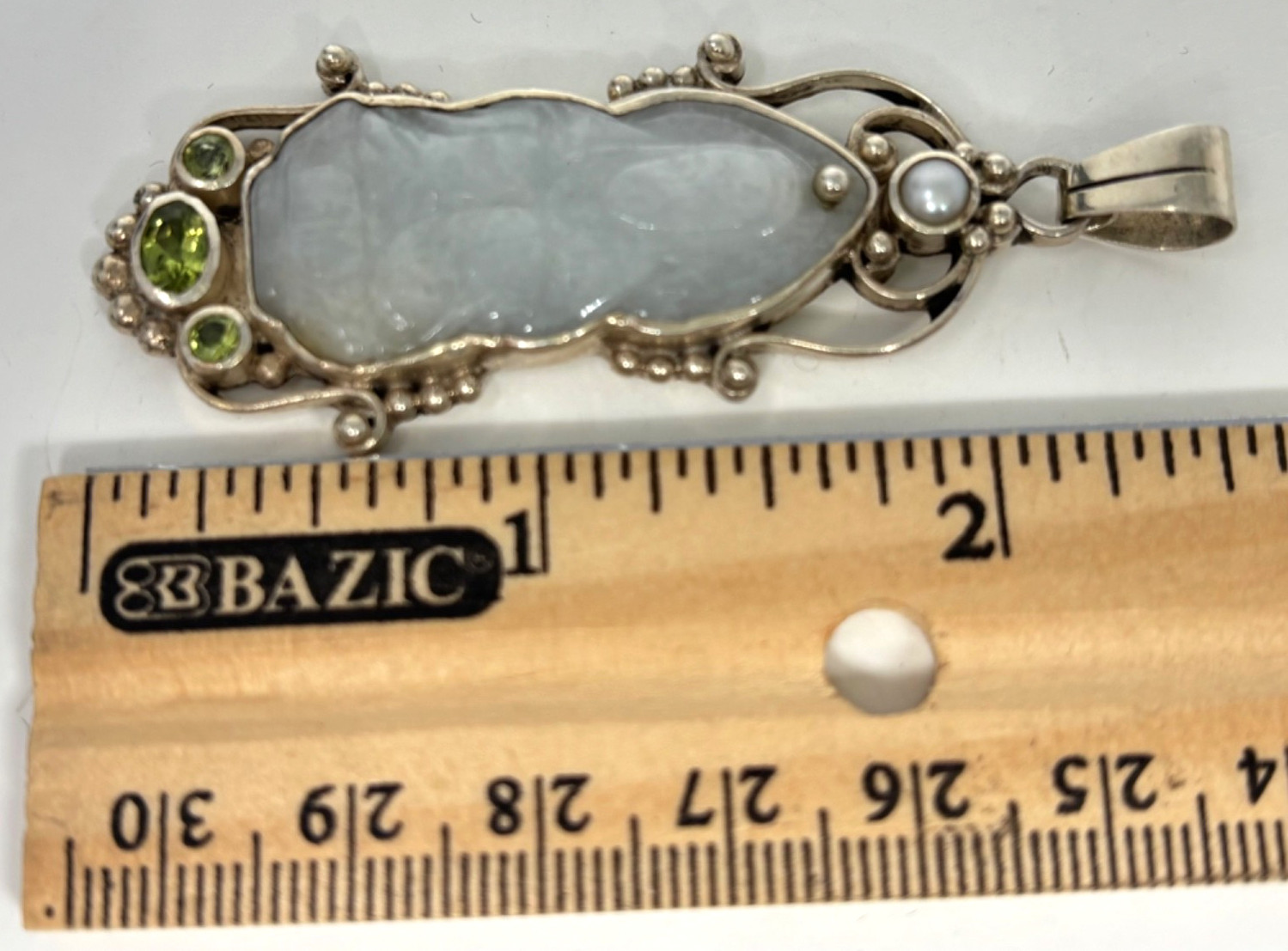 VTG Pendant 925 Silver Scroll Icy White Jadeite Hand-carved Buddha Peridot Pearl