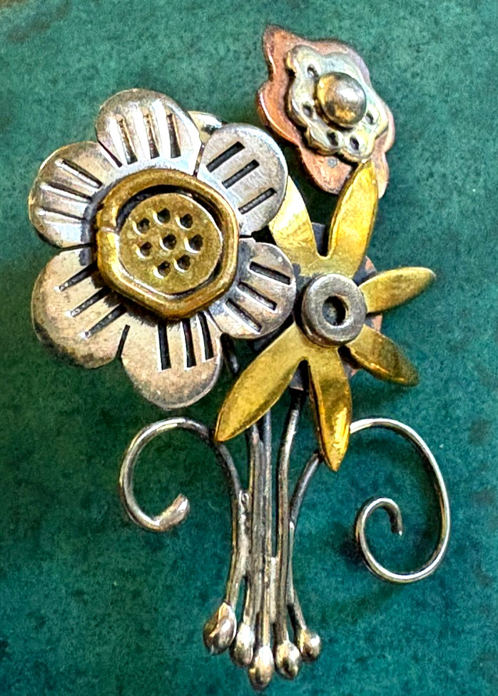VTG Sterling Silver Brass Copper Flower Bouquet FAR FETCHED Adorable Brooch Pin