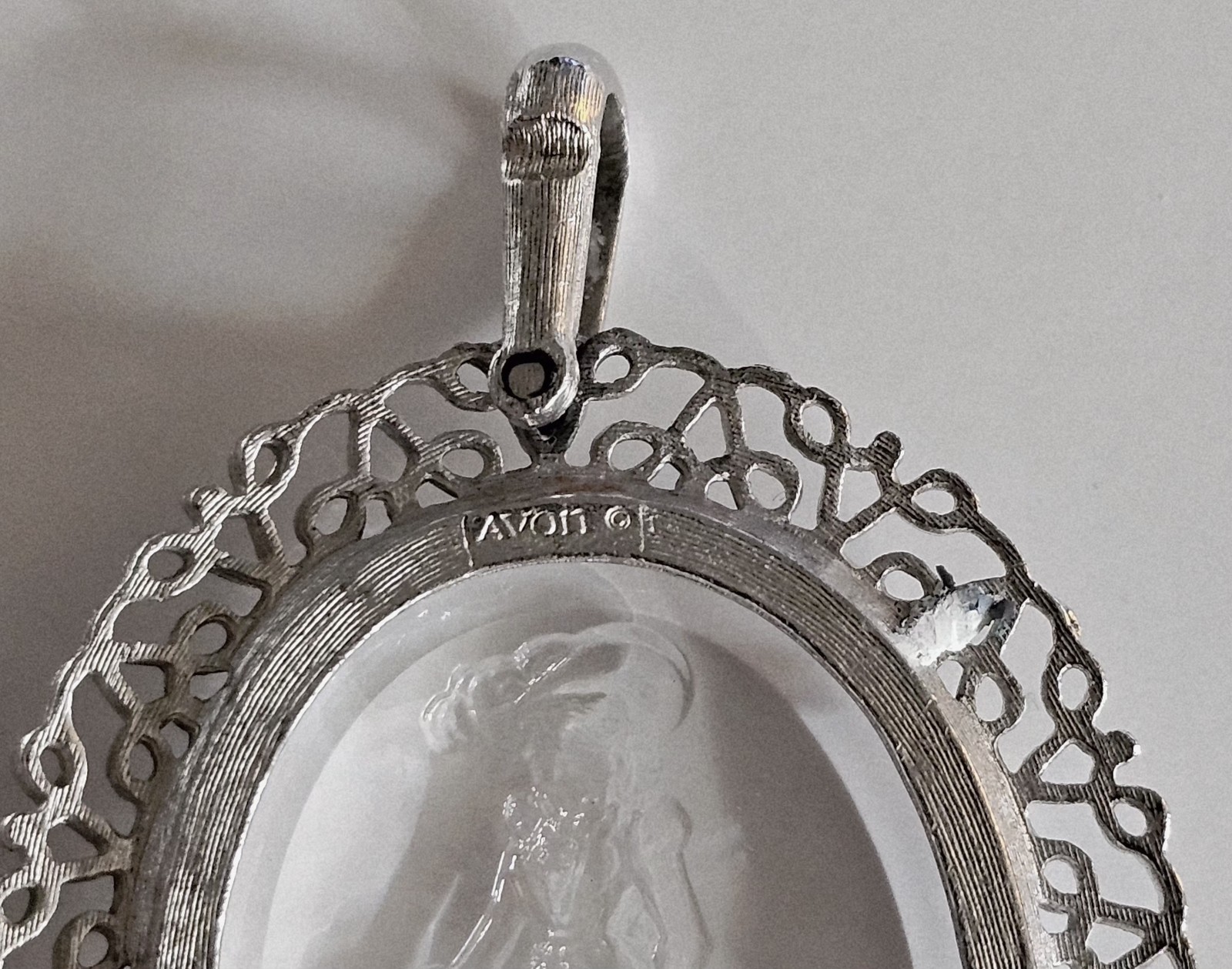 Vintage Avon Cameo Pendant Silver Tone Filigree Lady Intaglio Necklace Charm