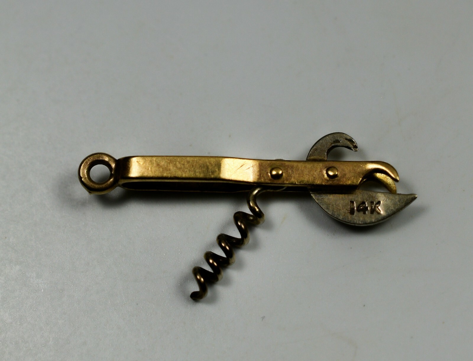 Vintage 14K Gold Can Opener Cork Screw Charm Movable Art Deco 1930s-1950s