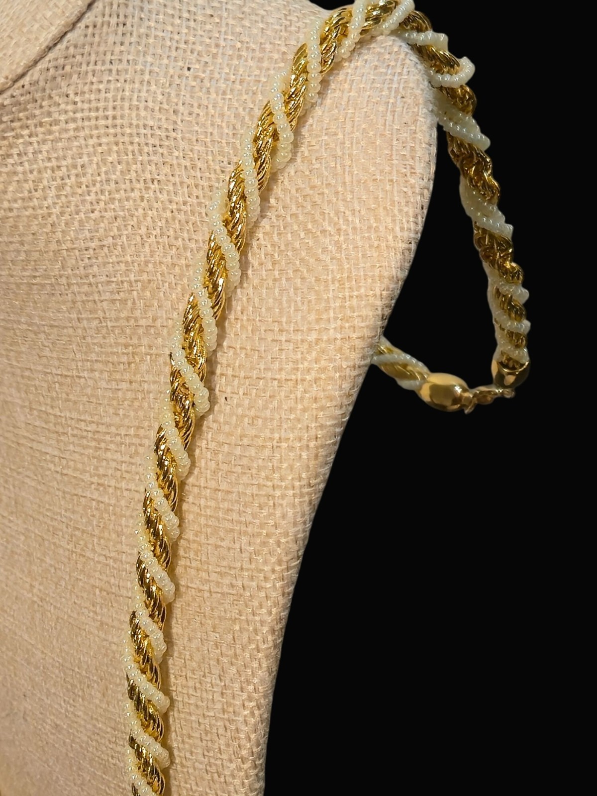 Trifari Vintage Gold Tone Twisted Rope Chain Necklace White Bead Twists jewelry