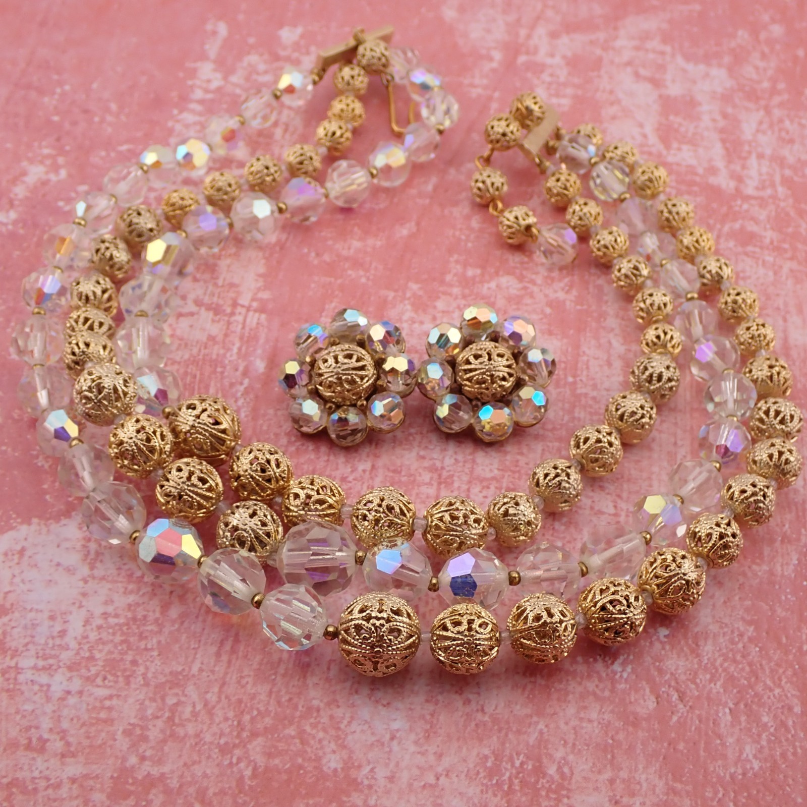 VTG 3 Strand AB Faceted Glass Crystal Gold Tone Filigree Ball Necklace Earrings