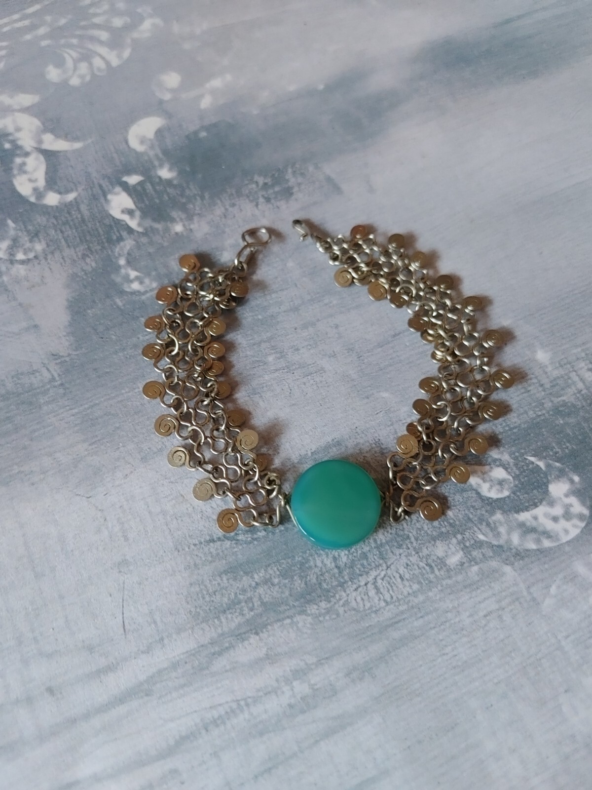 Vintage bracelet silver tone link wire wrap spirals green onyx stone 6 1/2″ long