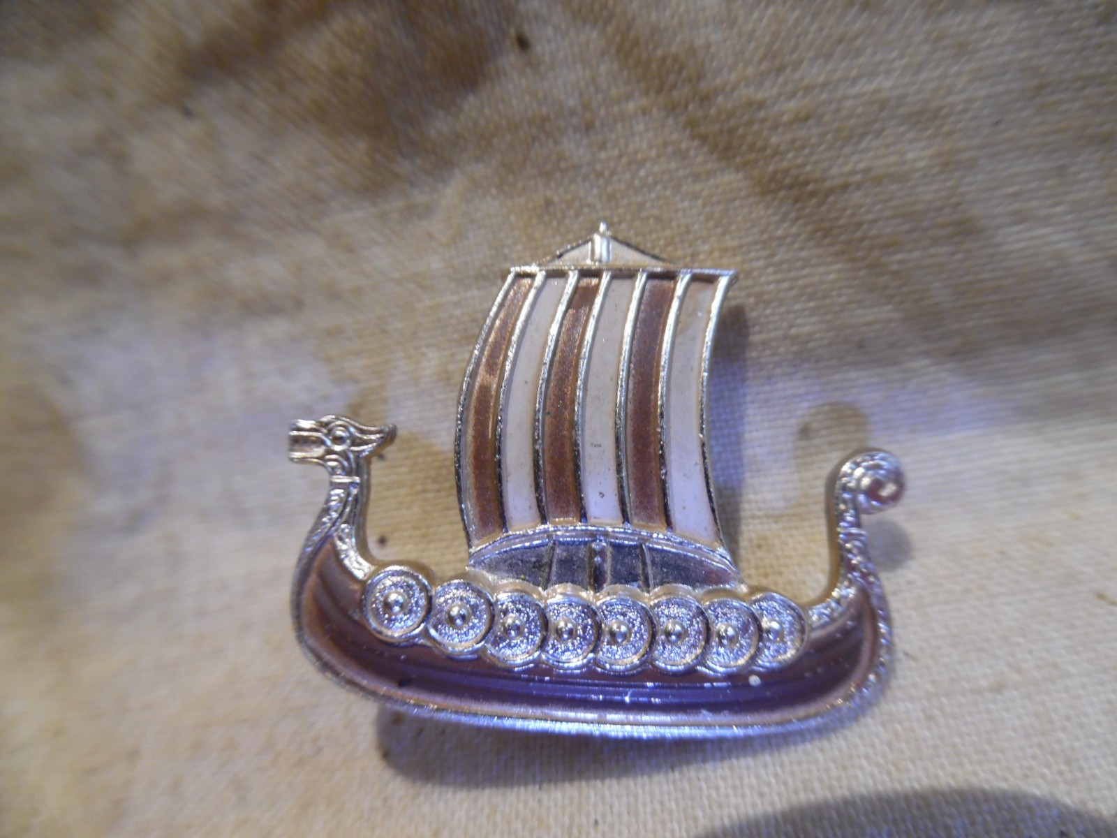Old Aluminum Enameled Viking Ship Pin
