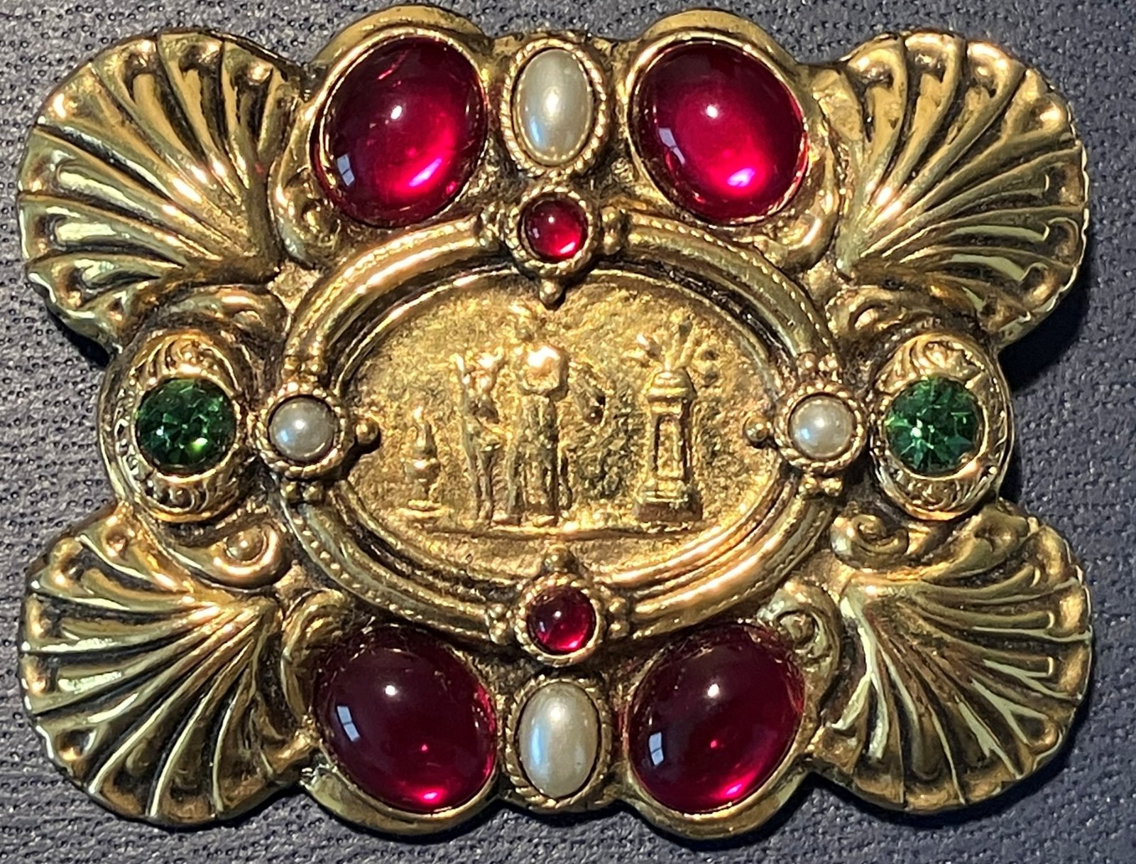 Vintage Egyptian Revival Brooch – Red Cabochon Faux Pearl Figural Medallion Pin