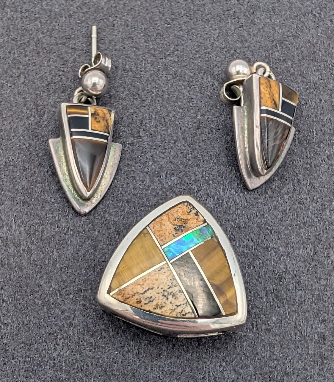 Native American Sterling Silver Inlay Earrings + Pendant Set Tiger Eye Opal Zuni