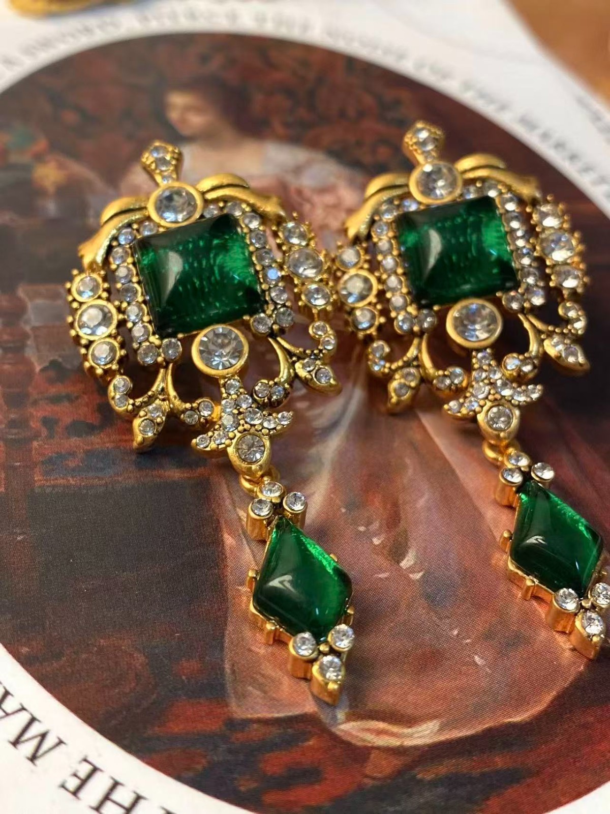 Vintage Emerald Green Crystal Drop Earrings Gold Baroque Statement Earrings