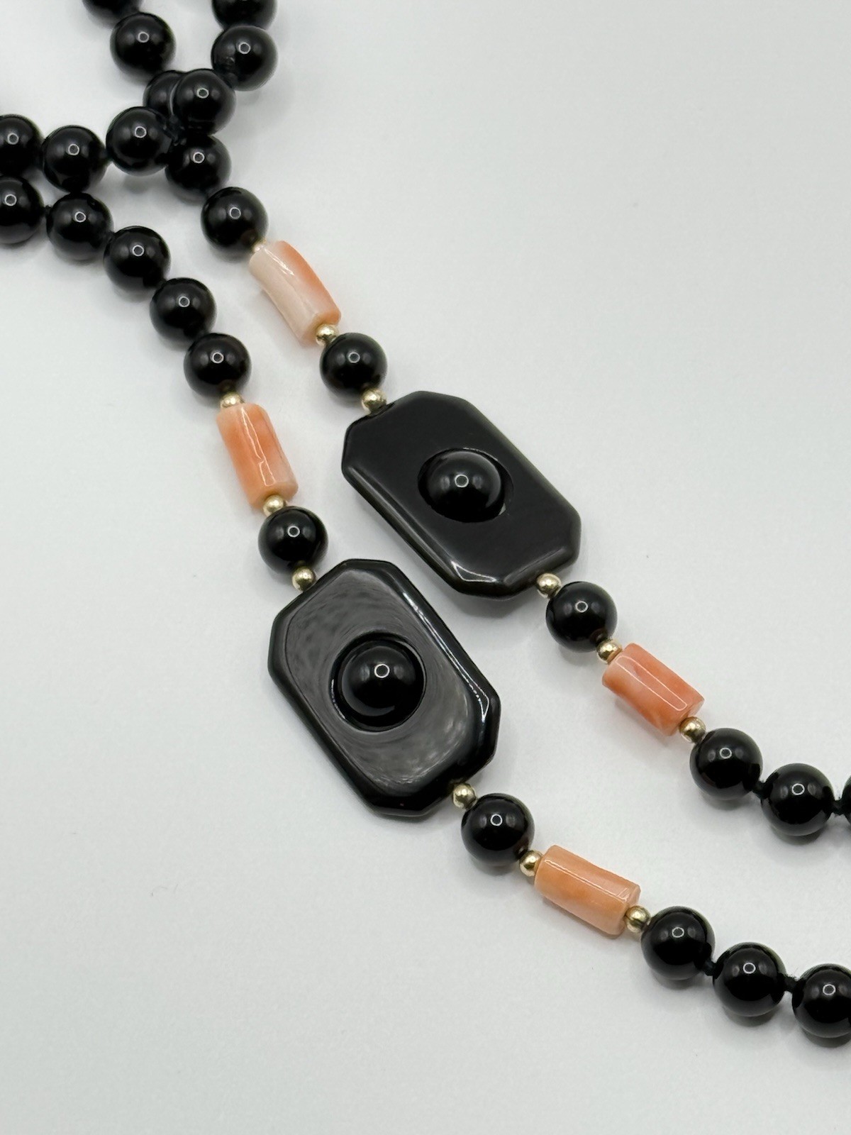 Vtg Black Onyx Pink Angel Skin Coral Necklace Chunky Statement Deco Geometric