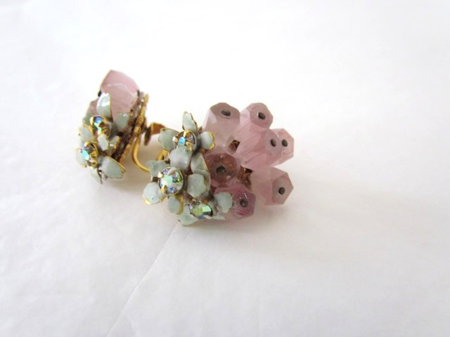 Vintage Sandor Earrings Rose Quartz Floral Cluster Enamel AB Rhinestones RARE