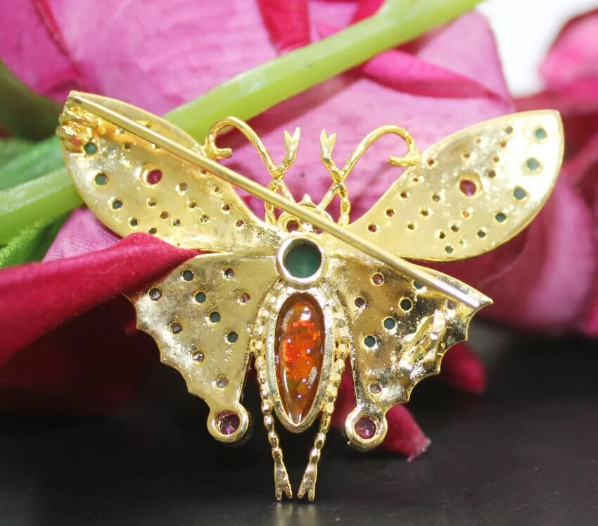 1.60ct Rose Cut Diamond Ruby Emerald Opal Victorian 925 Silver Butterfly Brooch