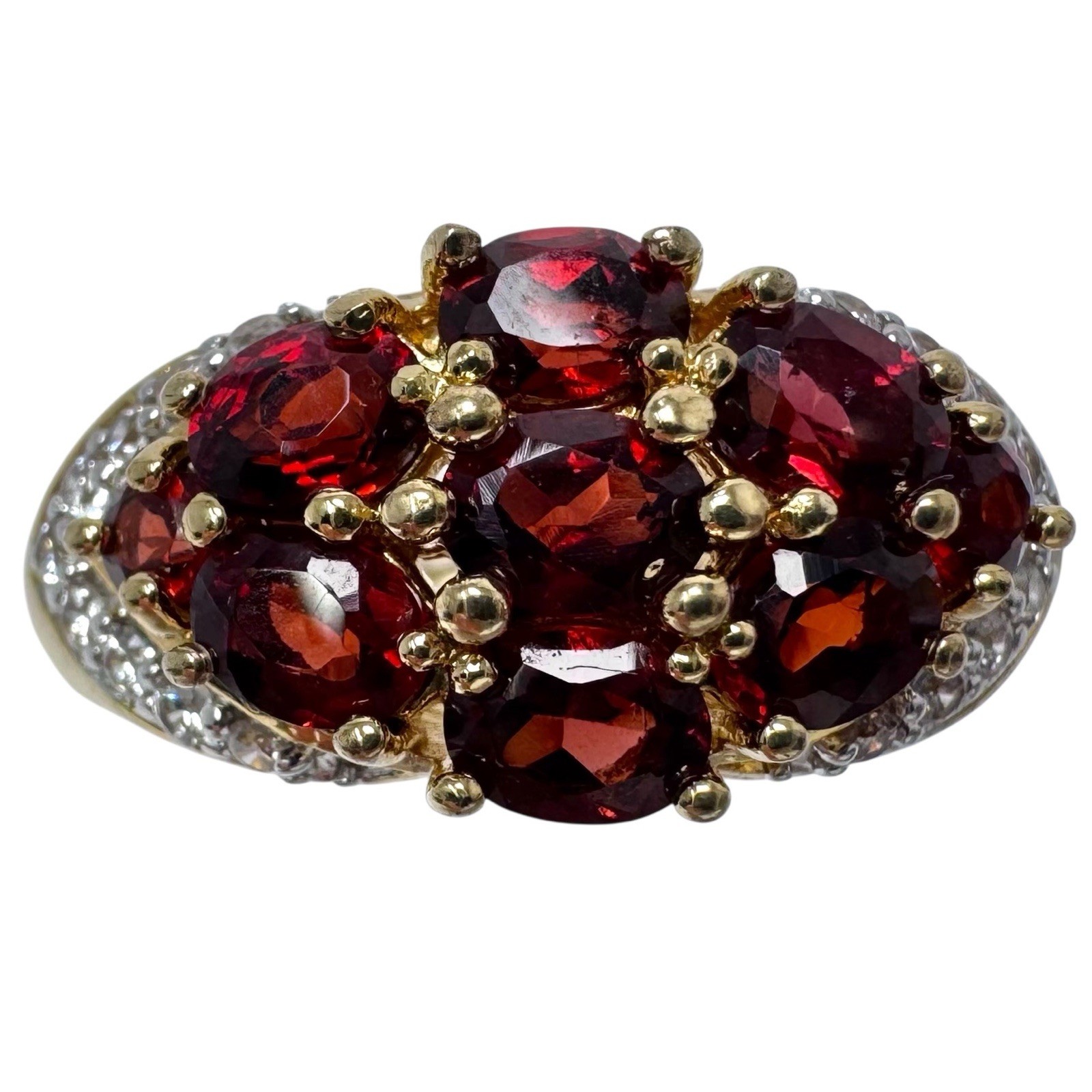 Vintage Gold Tone Red Garnet Cluster Ring Clear Rhinestone Accents 7.5