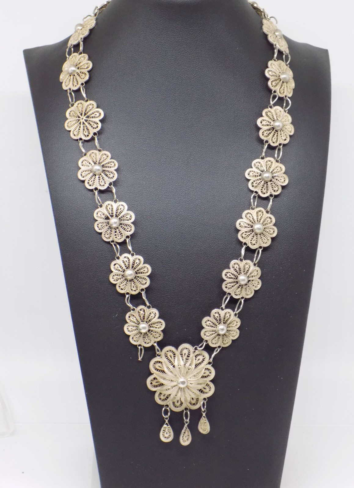 925 Sterling Silver Cannetille Filigree Floral Flower Necklace Tassel Pendant