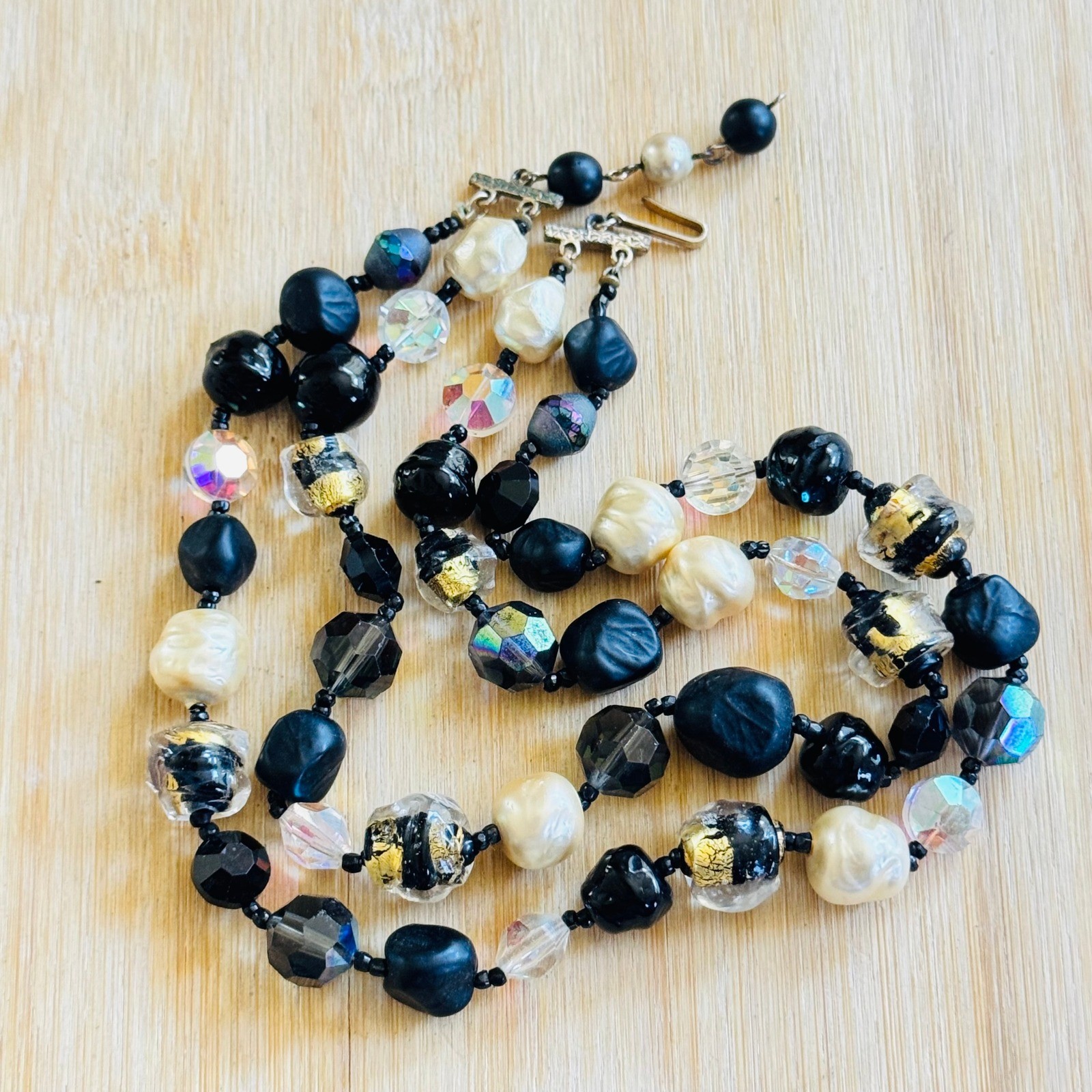 Vtg Crystal Glass Necklace Multi Venetian Gold Foil Choker 40s French Elegance