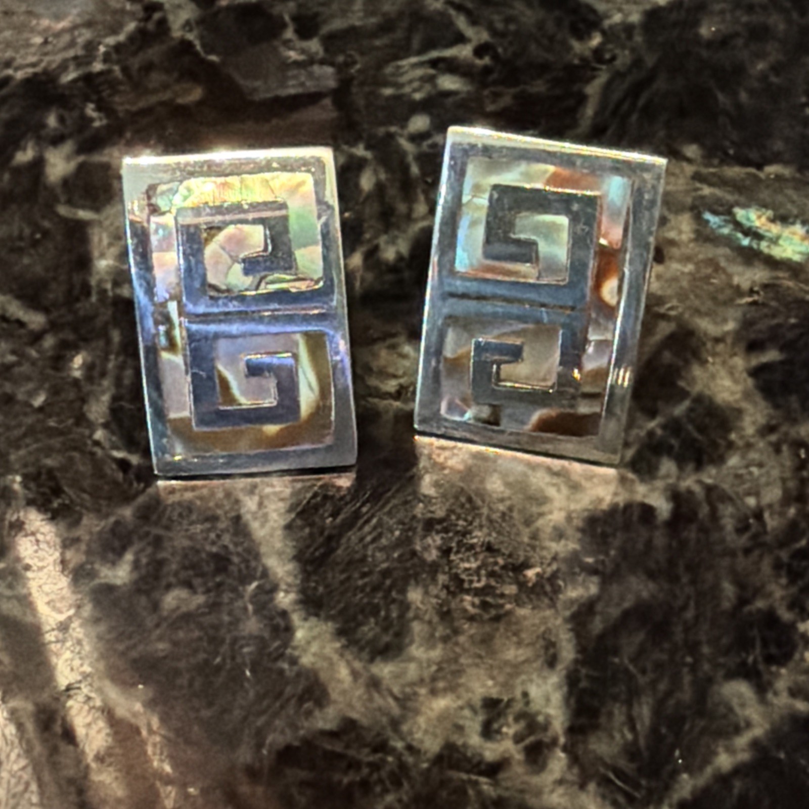 Vntg Signed R Garcia XOLA Mex Abalone & Sterling Silver Screw Back Earring Set