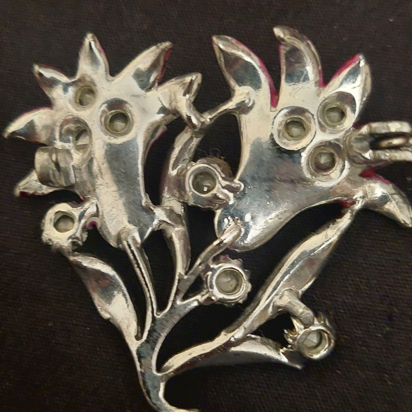 Vintage British Pink Green Guilloche Enamel Lily Rhinestones Flower Brooch