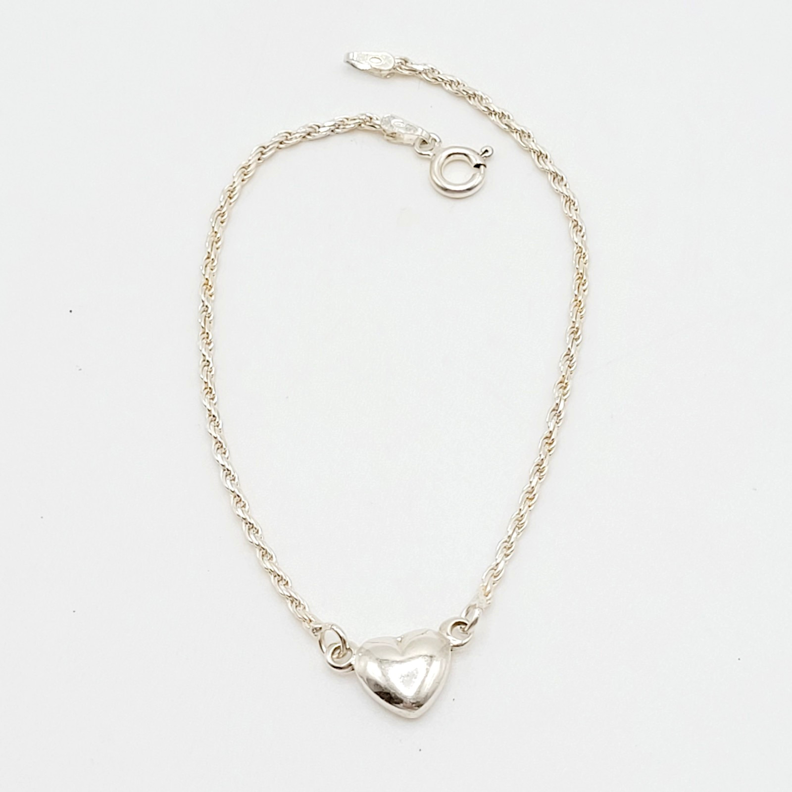 Minimalist Dainty Puffed Heart Station 925 Sterling Rope Chain Bracelet 7.25 in