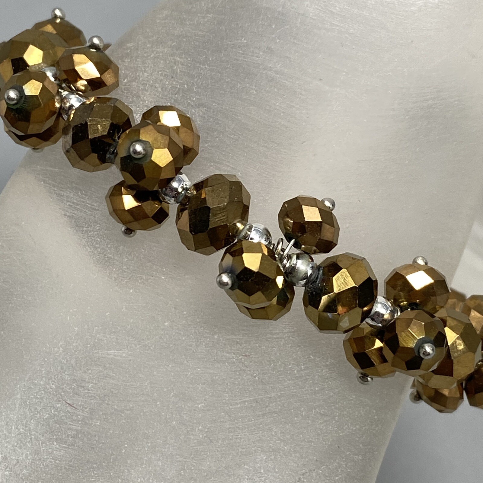 Stretch Bead Bracelet Gold Faceted Glass Cluster Fire Polished Iridescent 7″
