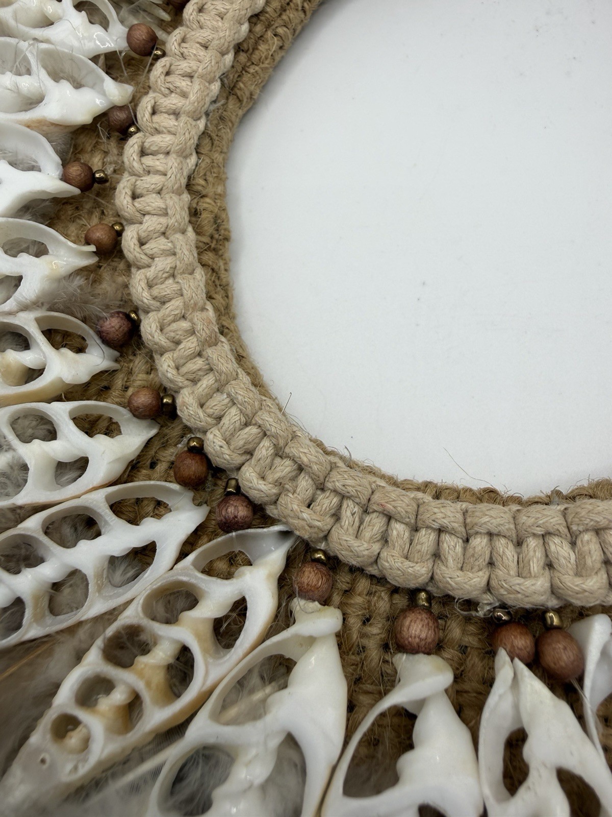 Vtg Statement Woven Collar Necklace Shell Feathers Beaded Native Jute Tribal 13”