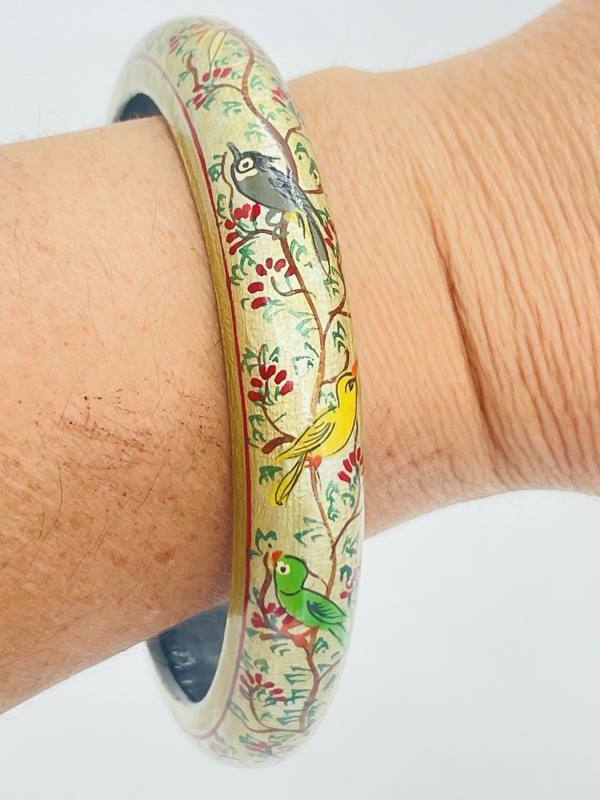 Vintage Tropical Parrot Bird Bangle Bracelet Hand Painted Gold Statement
