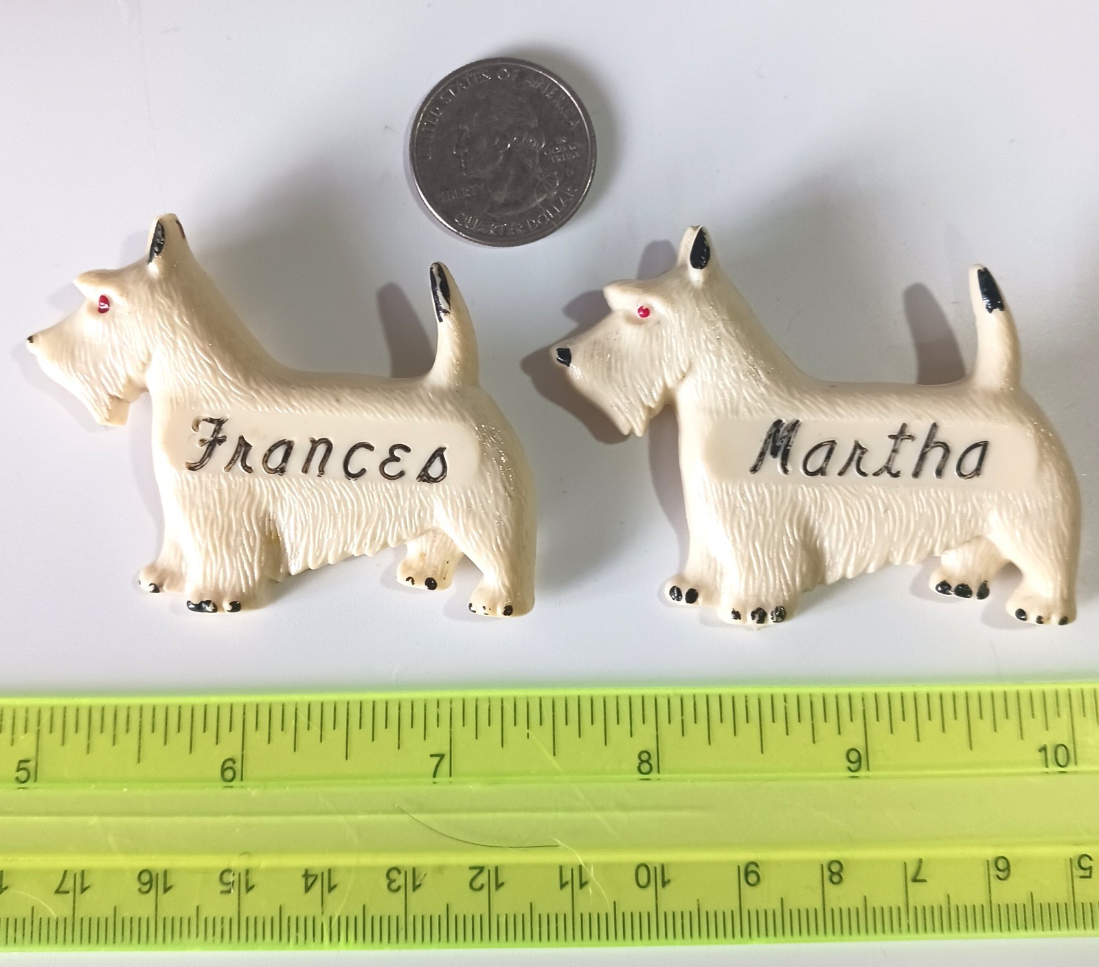 Pair of Vintage Off-White Celluloid Westie Dog Brooches: Frances & Martha