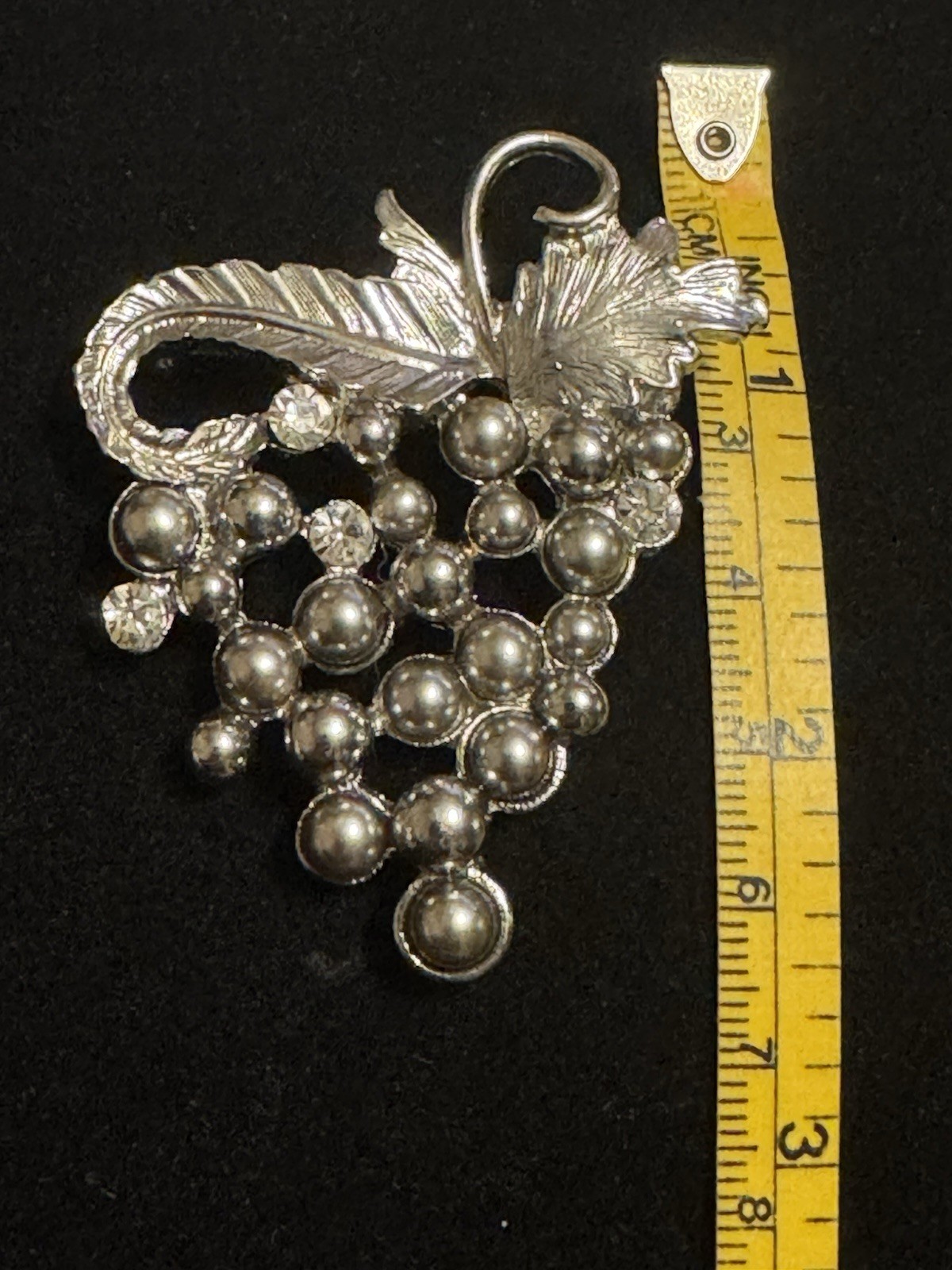 1928 Bunch Of Grapes Brooch, Metal with Faux Gray Pearls and White Rhinestones