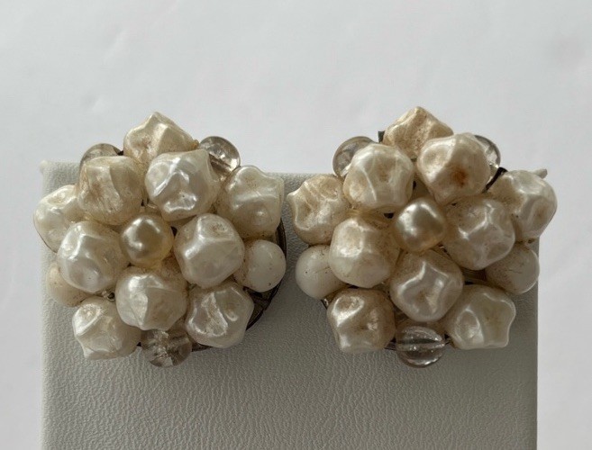 Vintage Signed Germany Baby Tooth Earrings Clip-On Lucite Off White