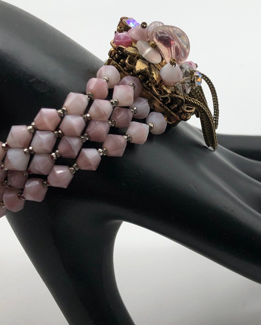 VTG 4 Strand Lavender Glass Bicone Bracelet Fancy Clasp Art Glass Rhinestones