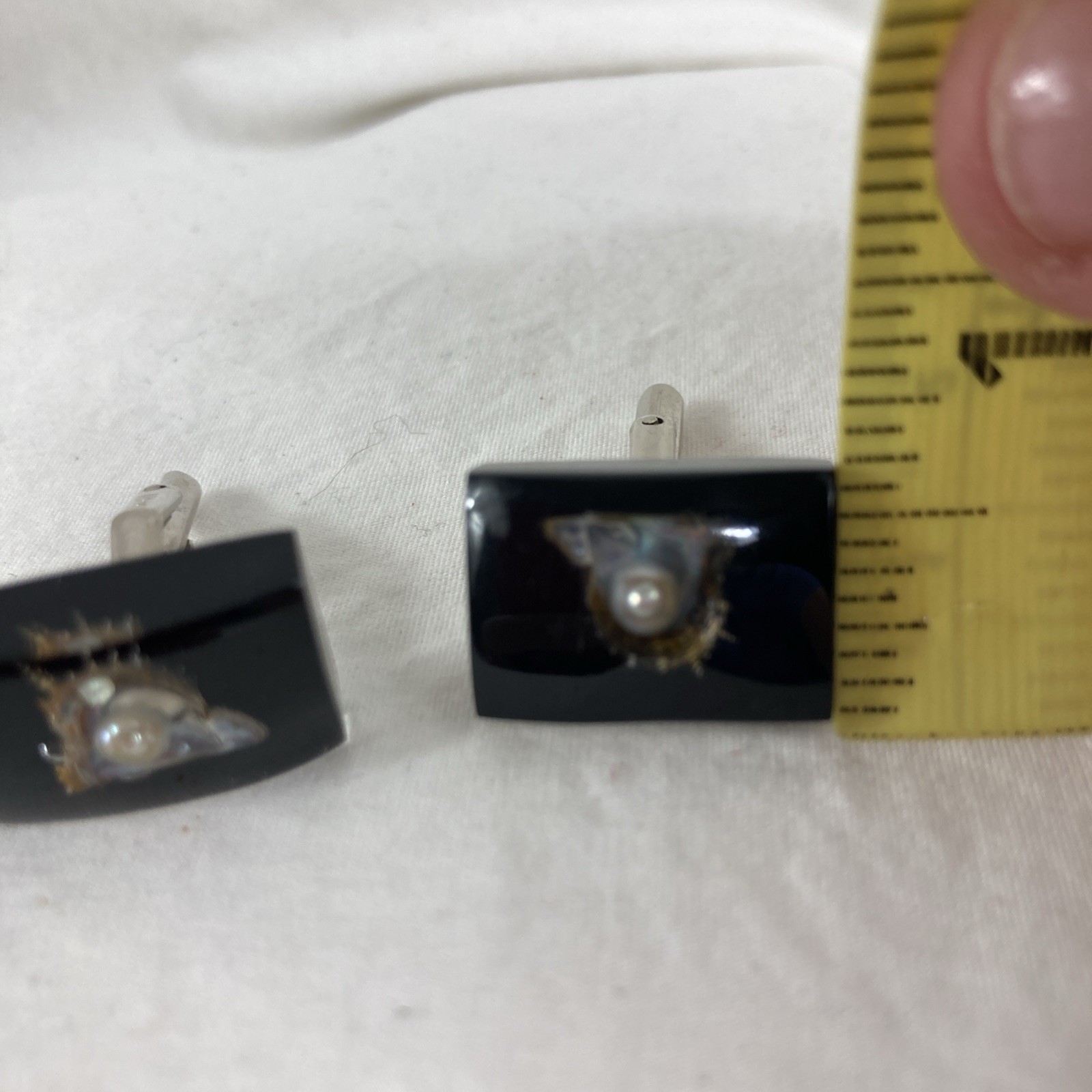 VTG Tie Clip Cuff Links Set Oyster Shell Pearl Inlay Black Resin Rectangle Japan