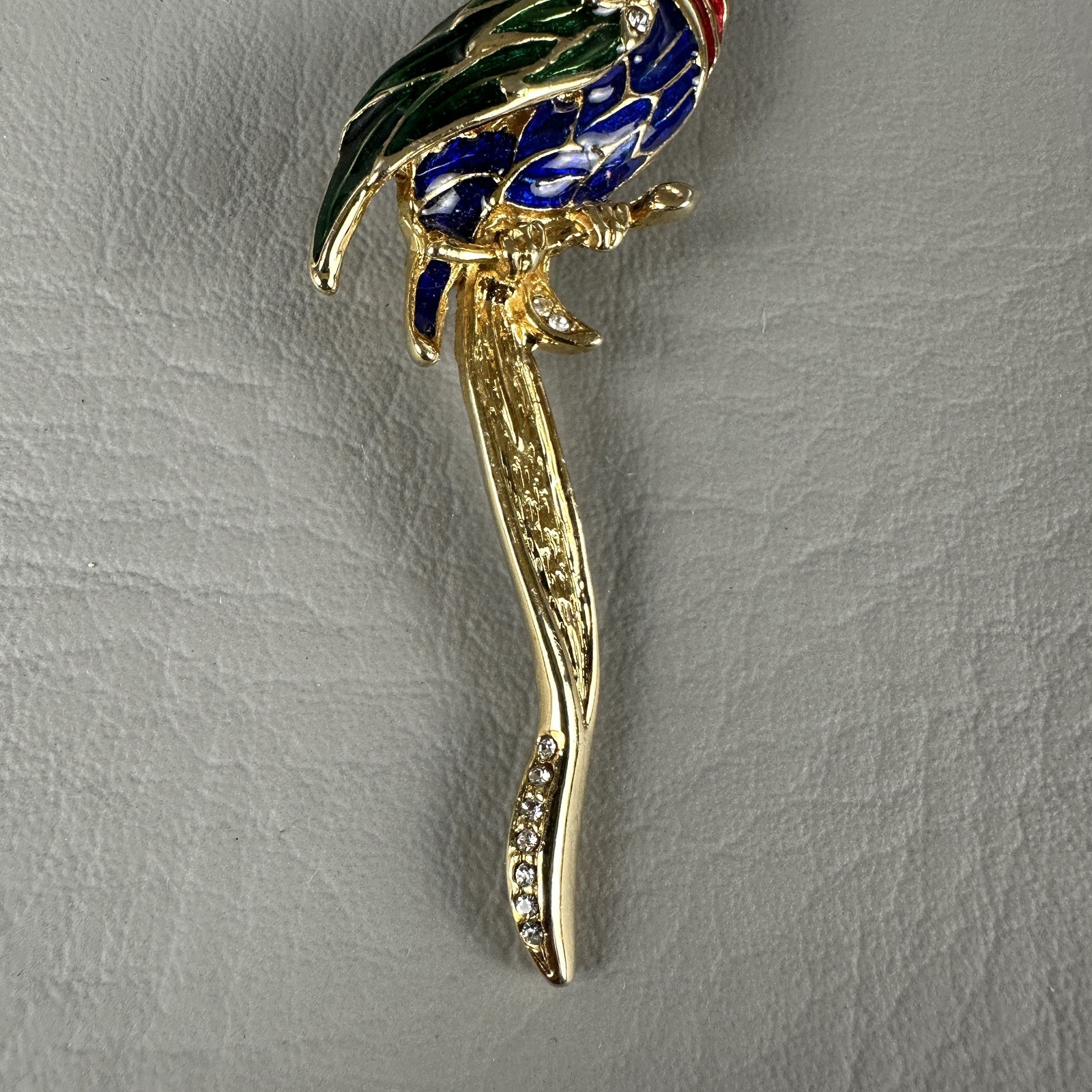 Vintage Parrot Bird Brooch Rhinestone Enamel Gold Tone Tropical Figural Pin