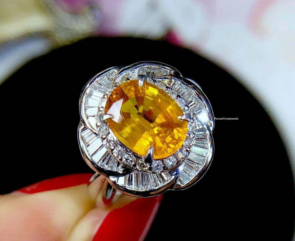 Orange Yellow Oval Shape 2.69CT Citrine With Sparkling White CZ Cluster Ring FN