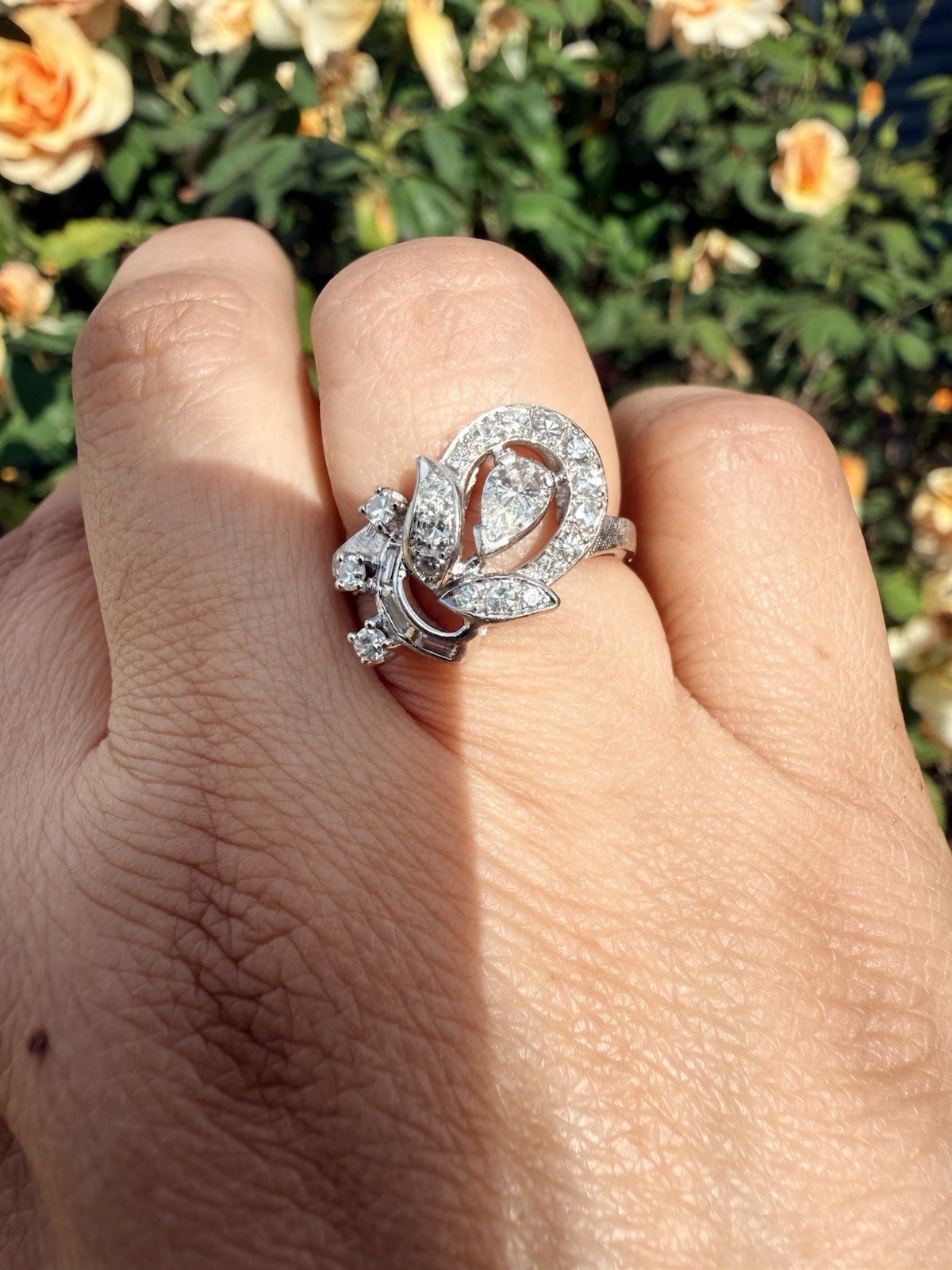 Retro Floral Cluster Diamond Pear 14k Vintage Wedding anniversary Ring Art Deco?