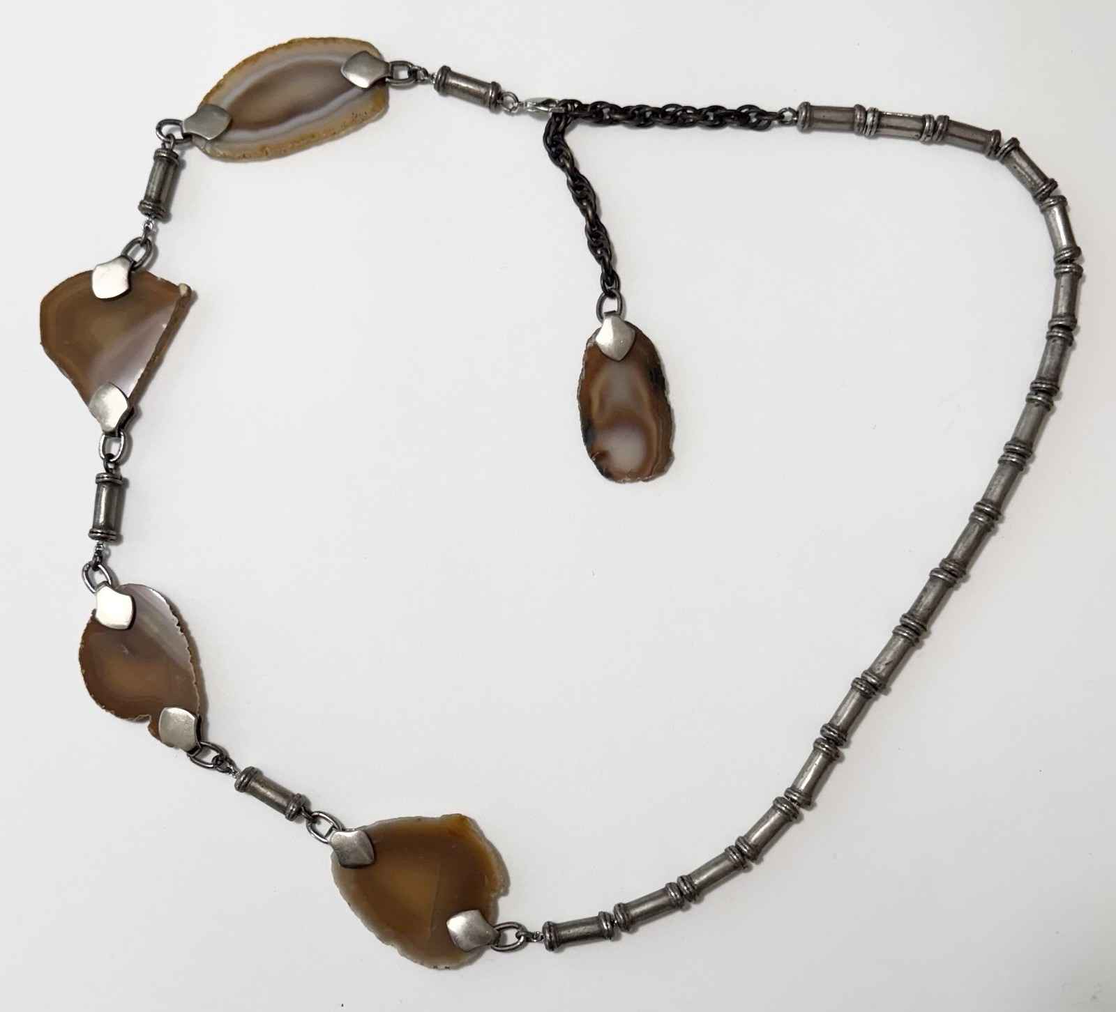 Modernist Pewter Tube Bead & Agate Geode Slices Chain Belt or Necklace 34”- 40”