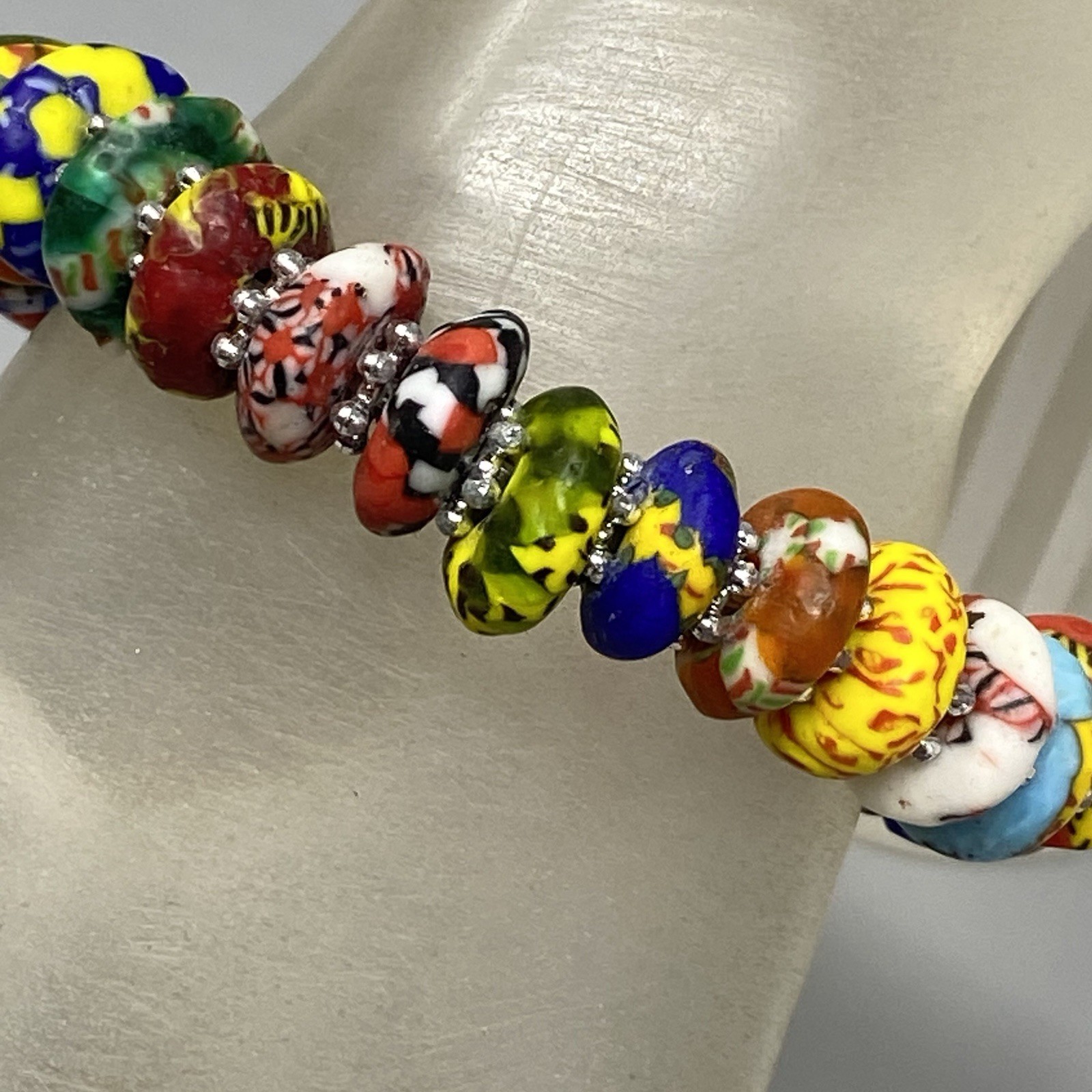 Krobo Beaded Bracelet Stretch Recycled Glass Ghana Multicolor Rondelle Donut 6.5