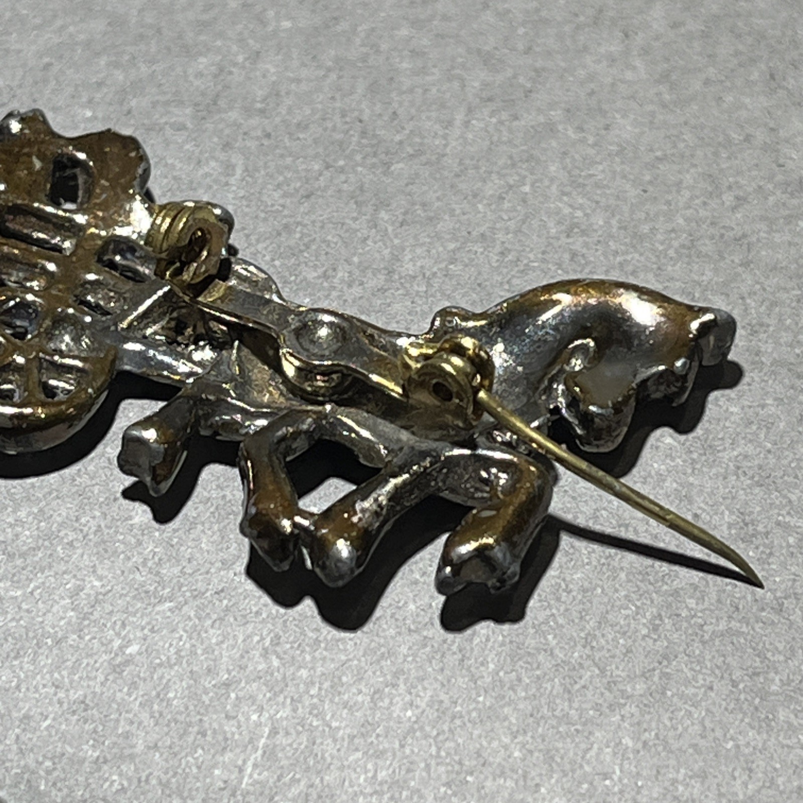 Horse & Carriage Brooch W/ Rhinestone Accent Rollover Safety Lapel Pin
