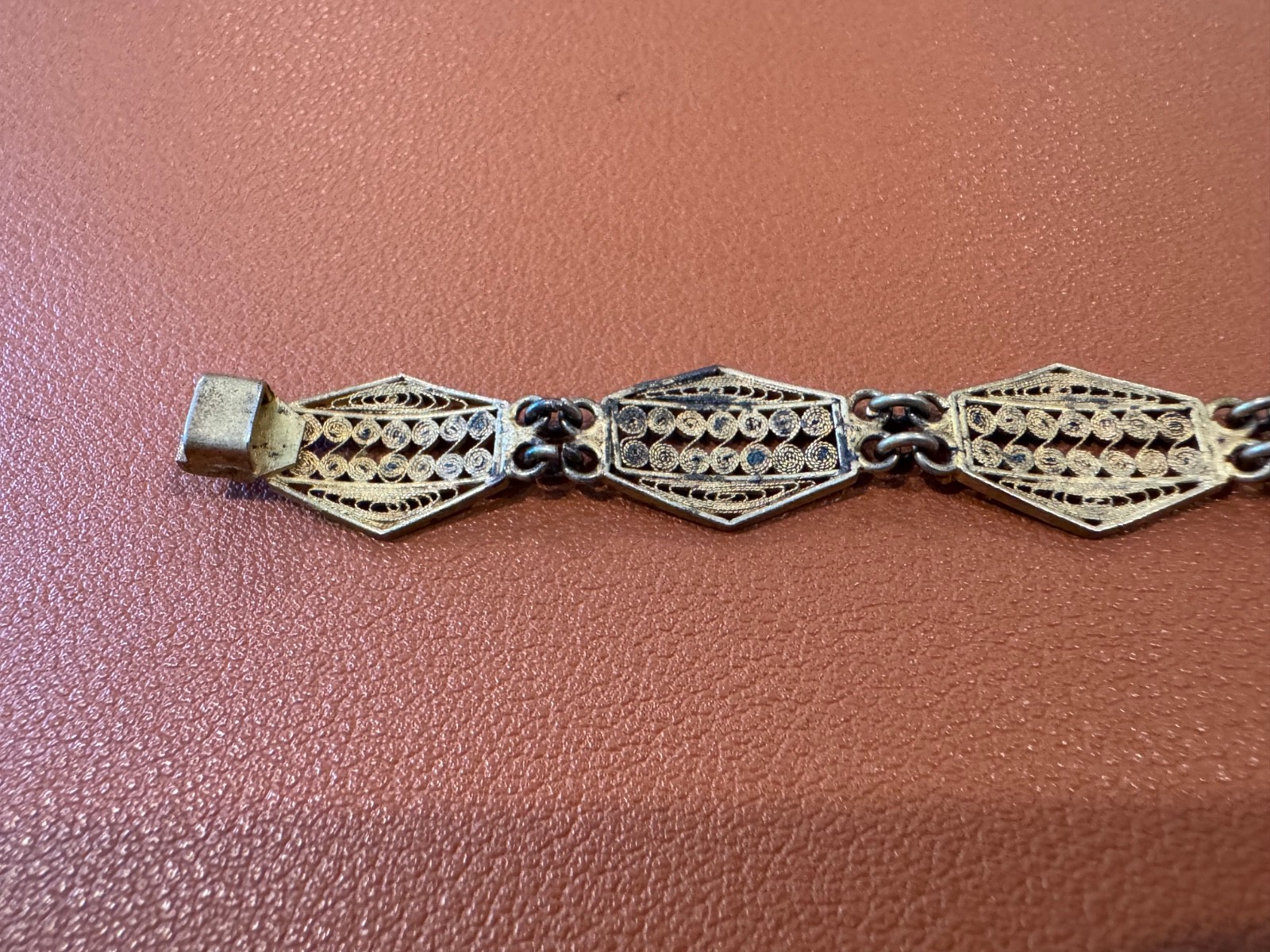 Vtg Antique 800 Silver Filigree Design Blue Enamel Bracelet w/ Gold Wash