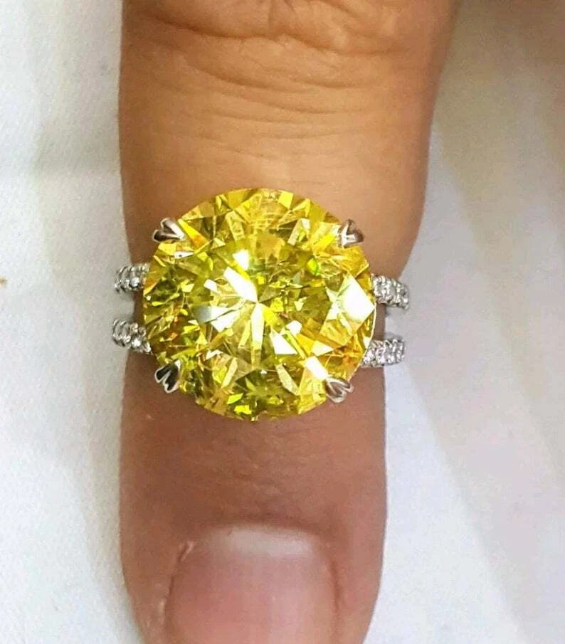 Sparkling Lemon Yellow 10.21CT Citrine & Round White 1.10CT CZ Engagement RingFN
