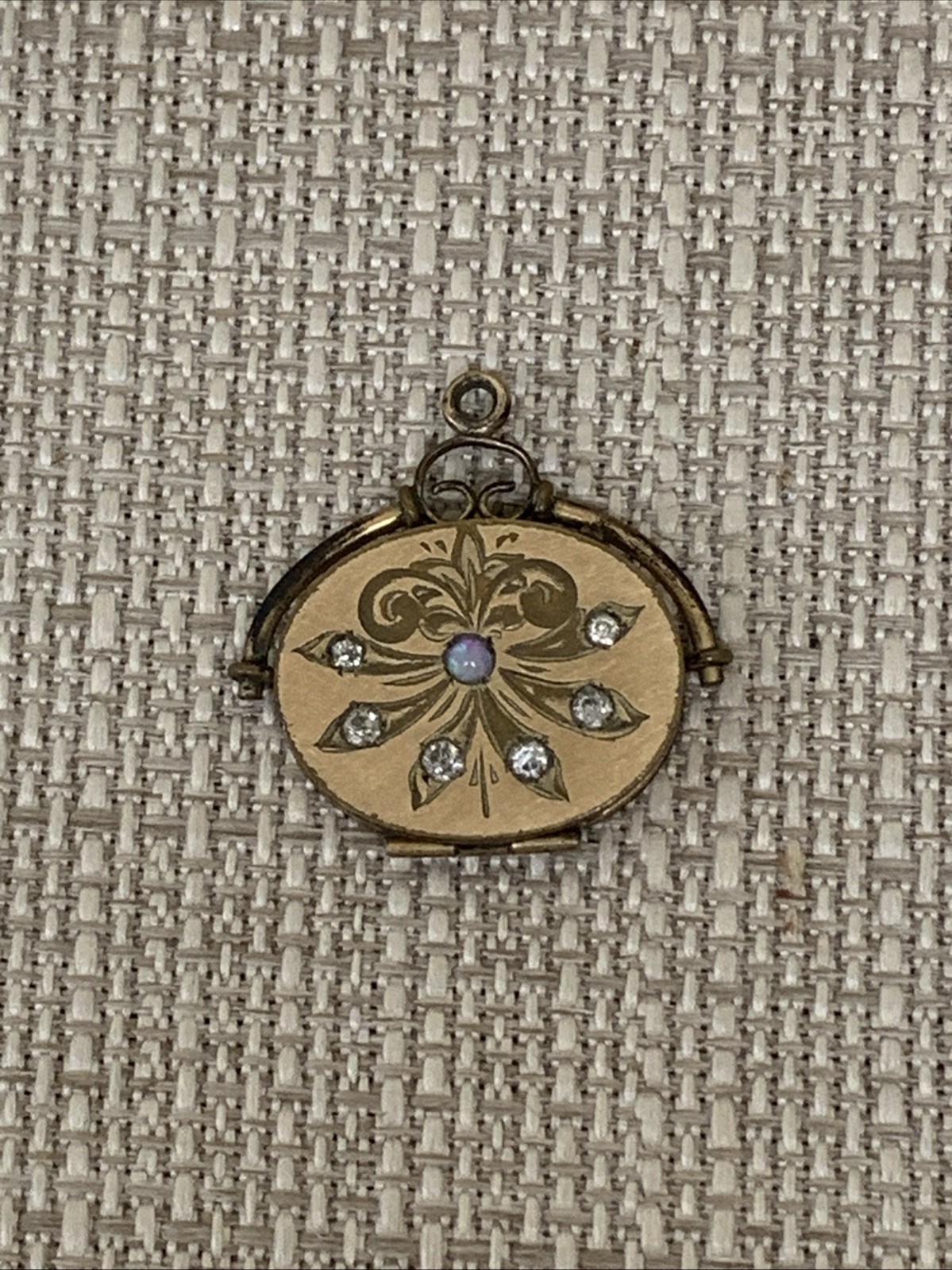 Antique Victorian French Gold Filled Engraved Oval Paste & Opal Locket Pendant
