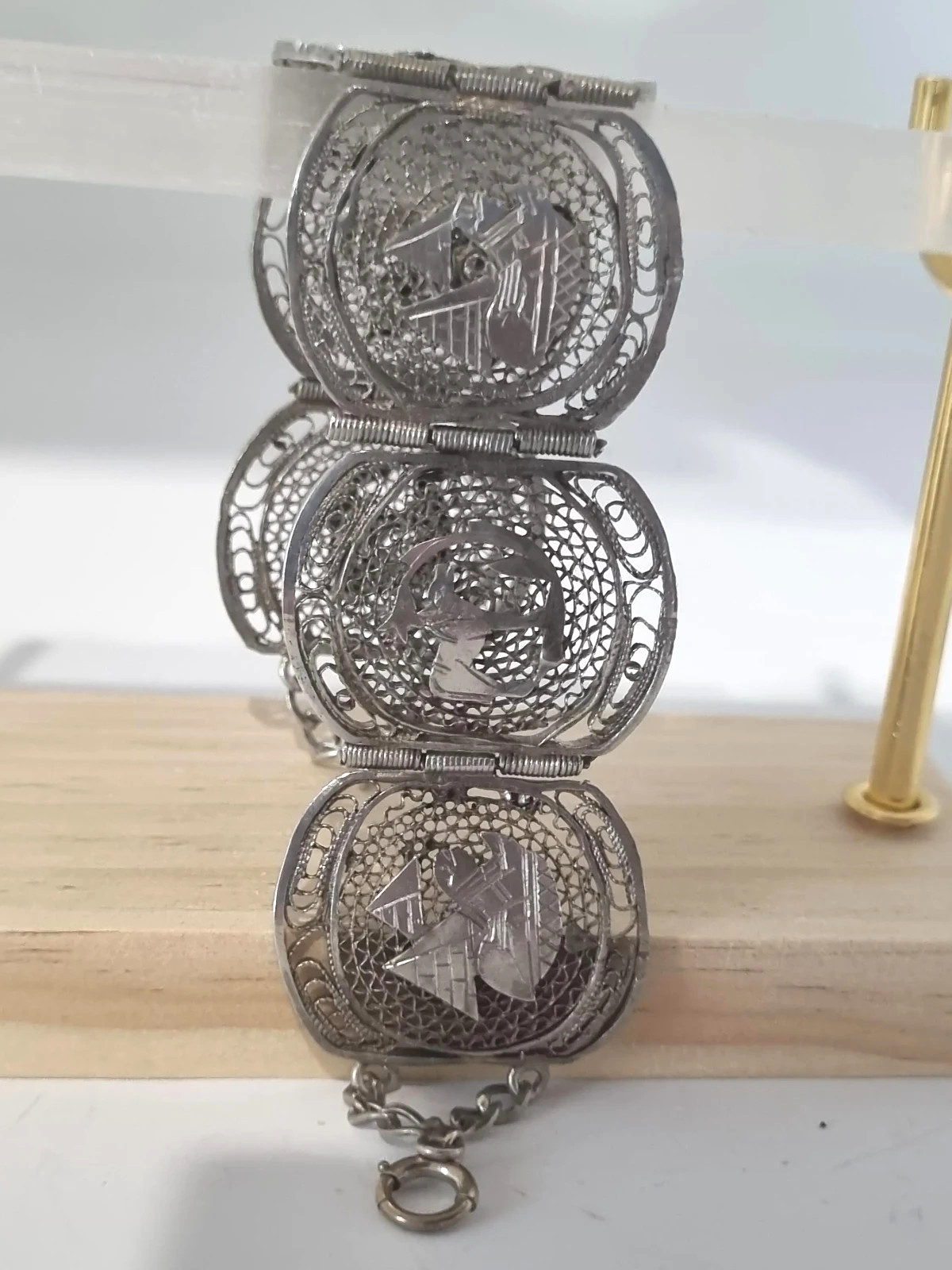 Vintage 12k White Gold Fill Sterling Egyptian Theme Filigree Bracelet See Video