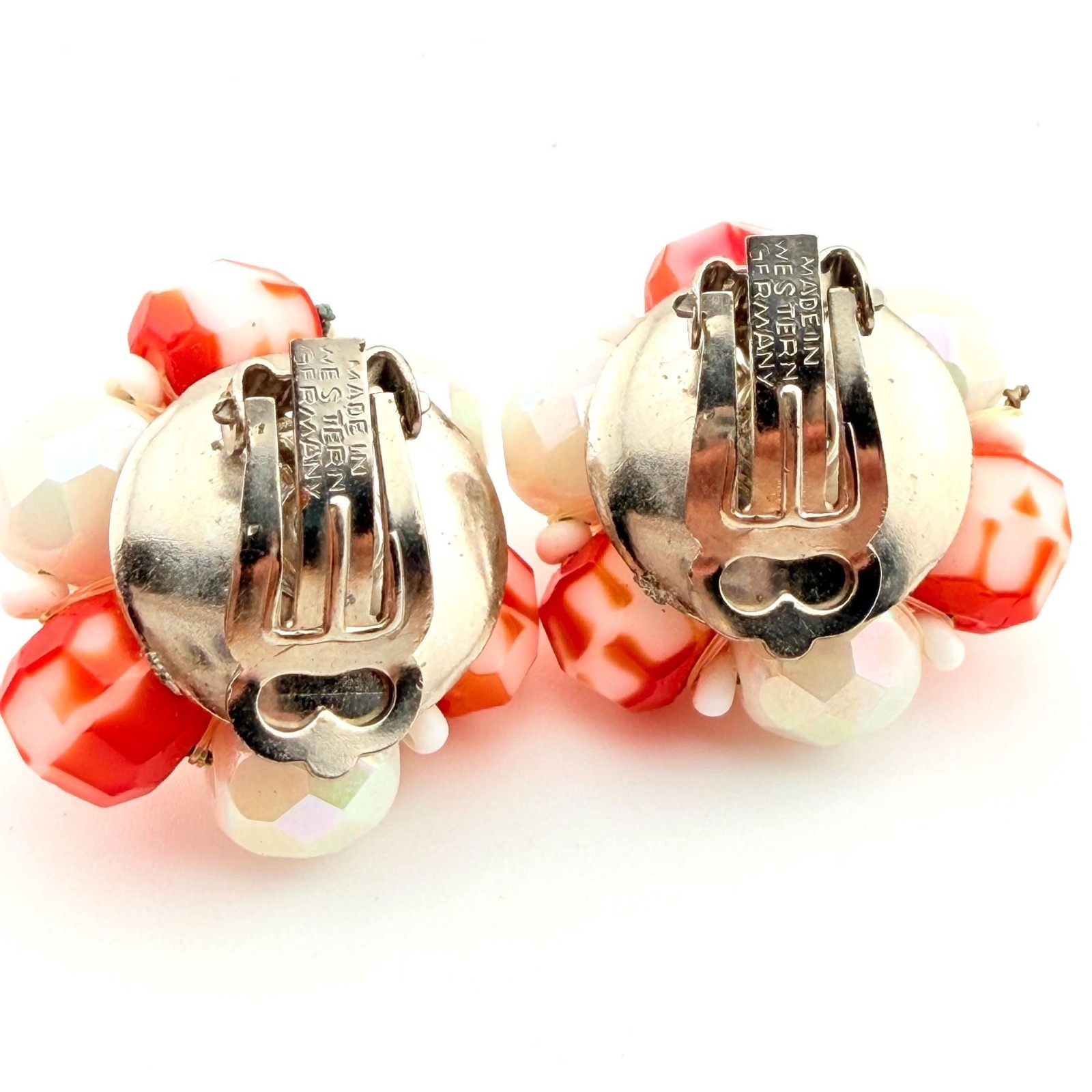 Vintage Orange Beaded White Western Germany Clip On Earrings Speckled Funky GIft