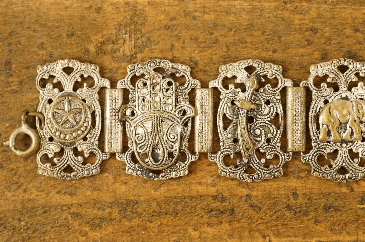 Vintage Souvenir Bracelet Morocco Hamsa Hand Elephant Link Nickel Plated Brass